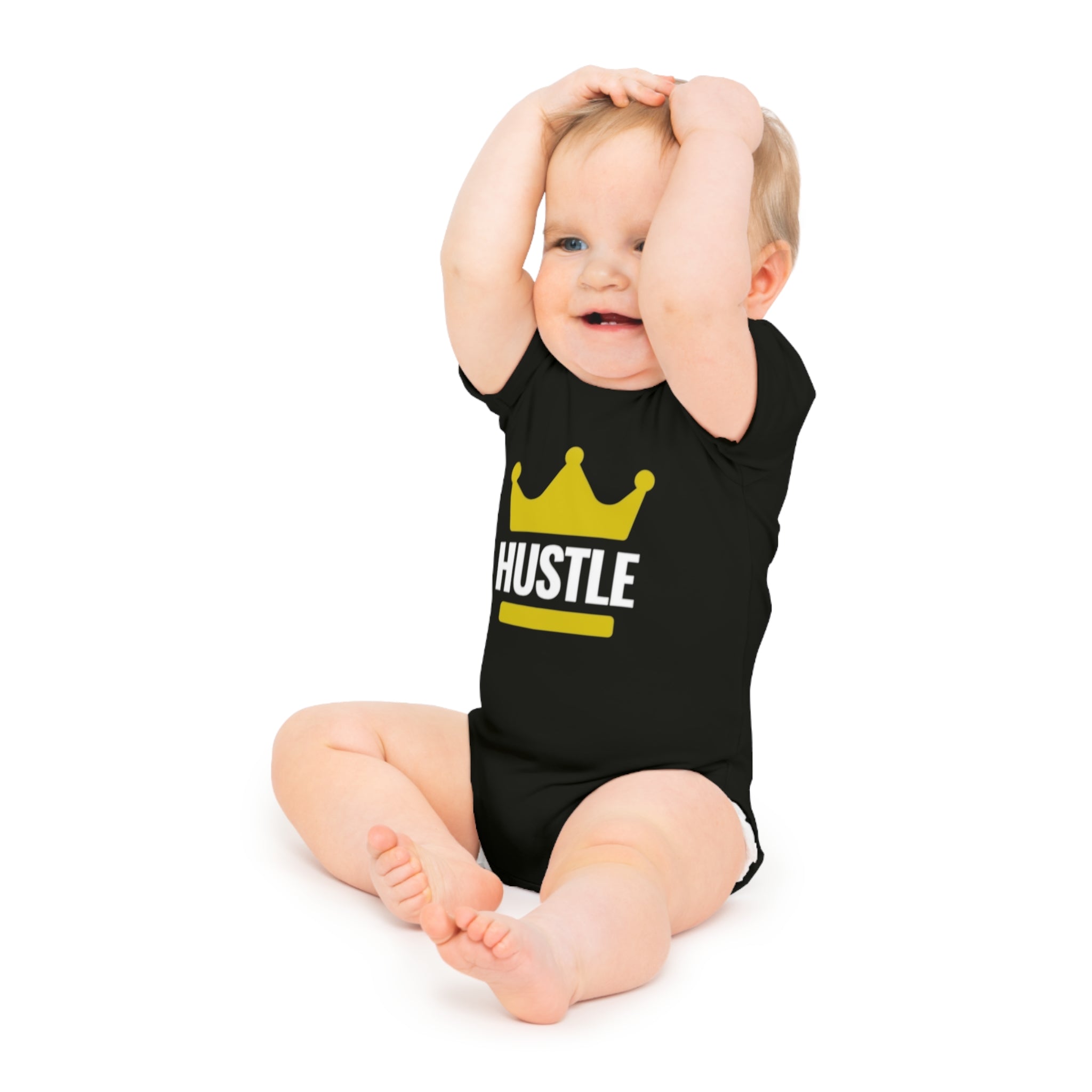 Hustle Crown Baby Bodysuit — Cute Black Short Sleeve Infant Onesie