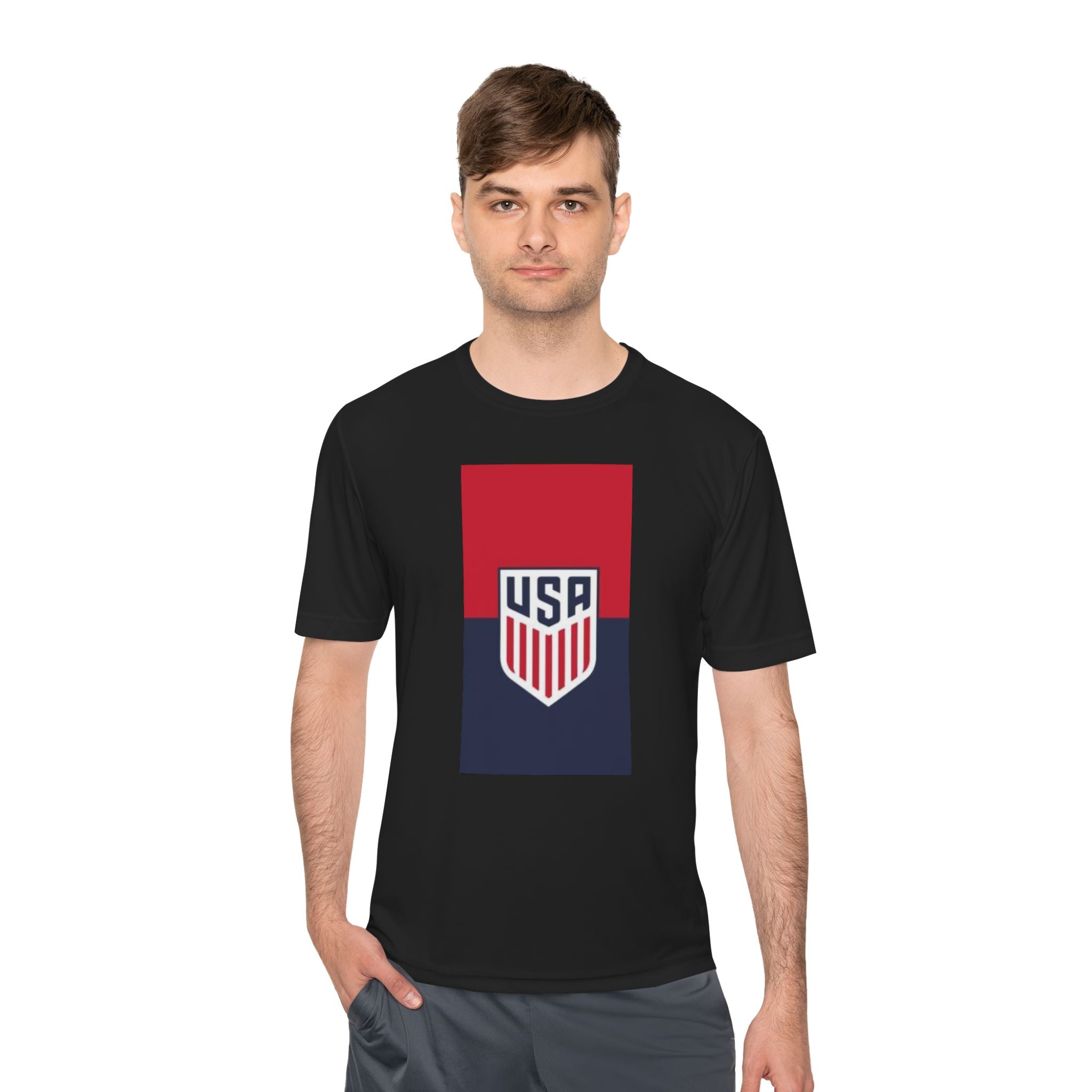 USA Shield Performance Tee — Patriotic Moisture‑Wicking Athletic Shirt