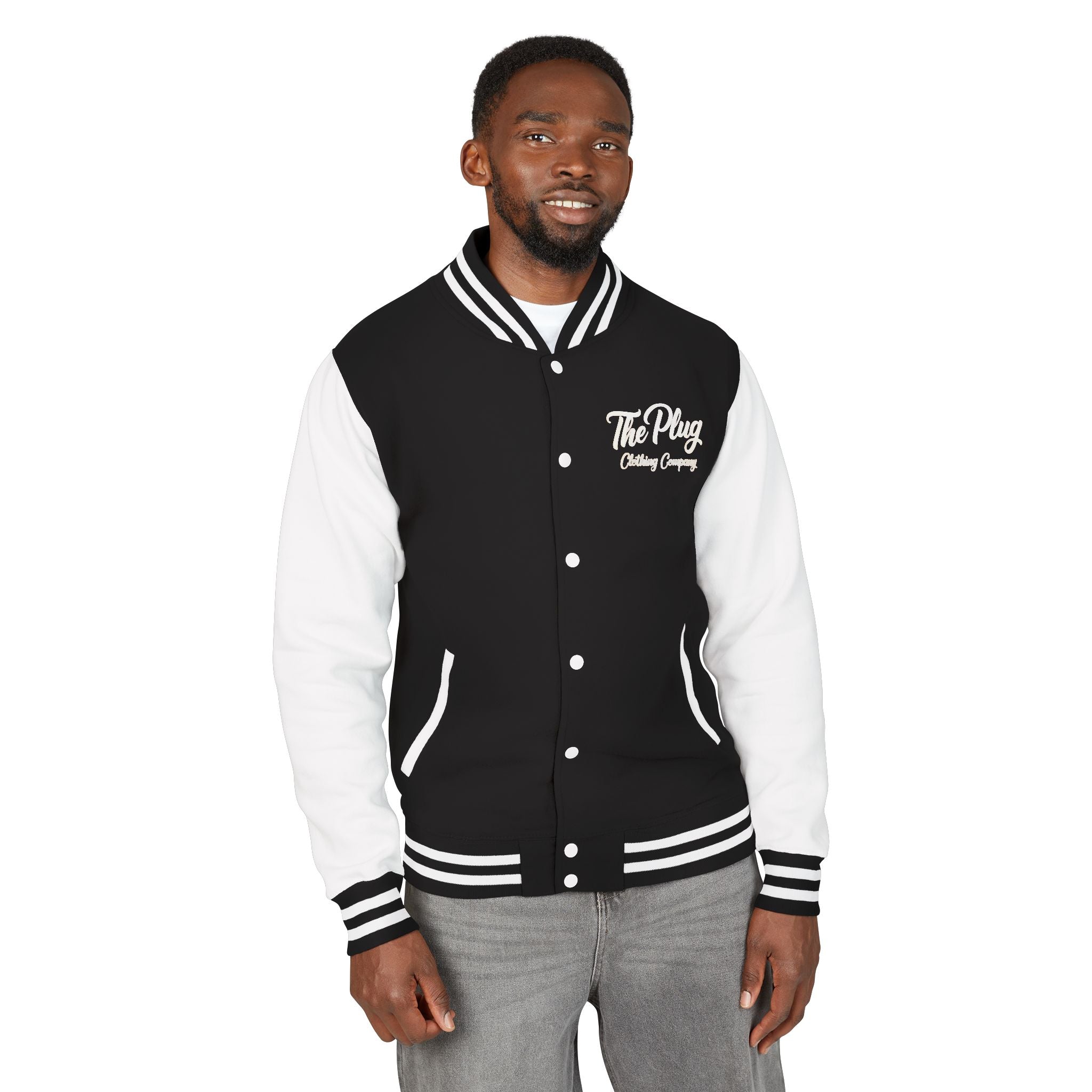 Letterman Jacket — The Plug Premium Clothing Script Logo