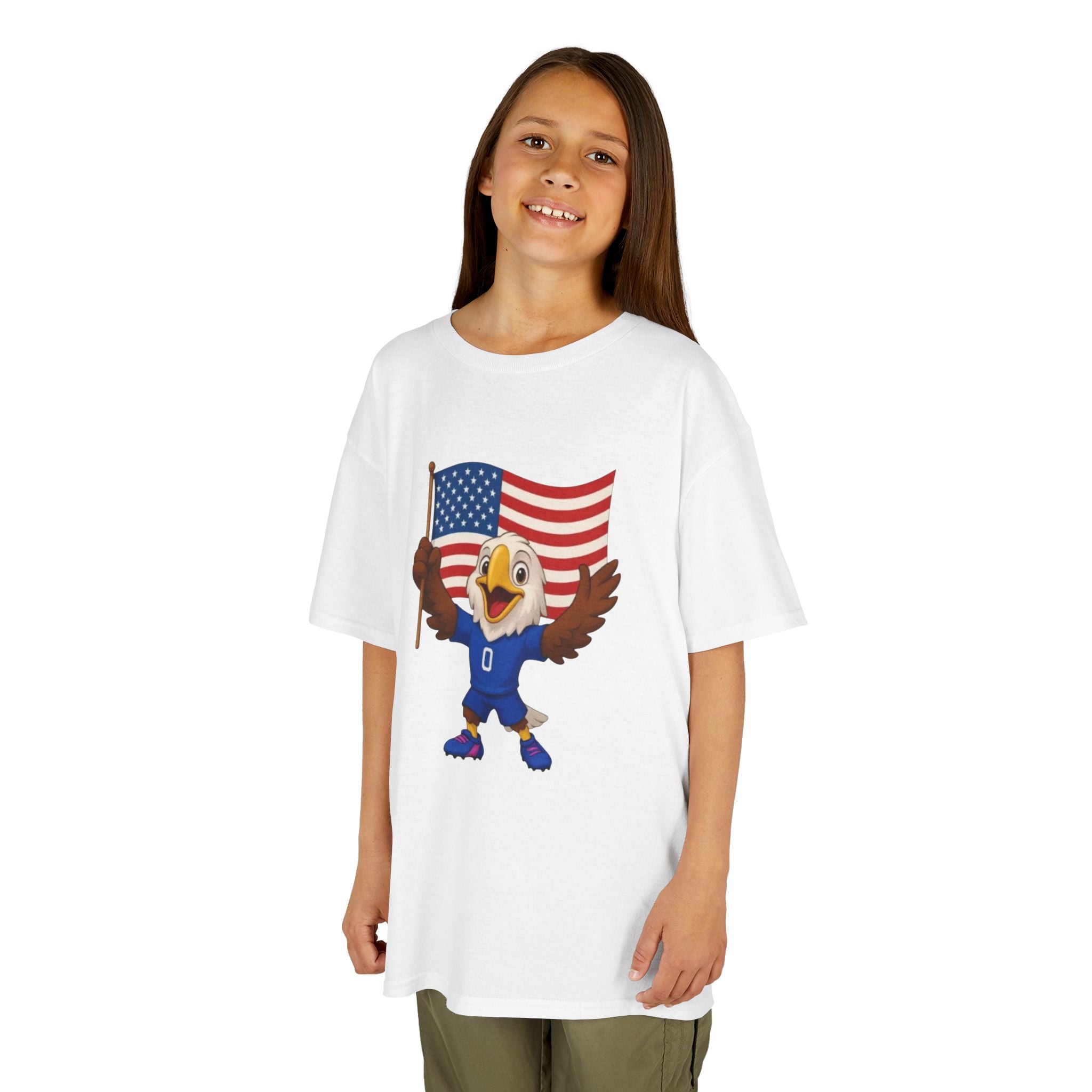 Kids Eagle Mascot T‑Shirt with American Flag — Patriotic Sports Tee