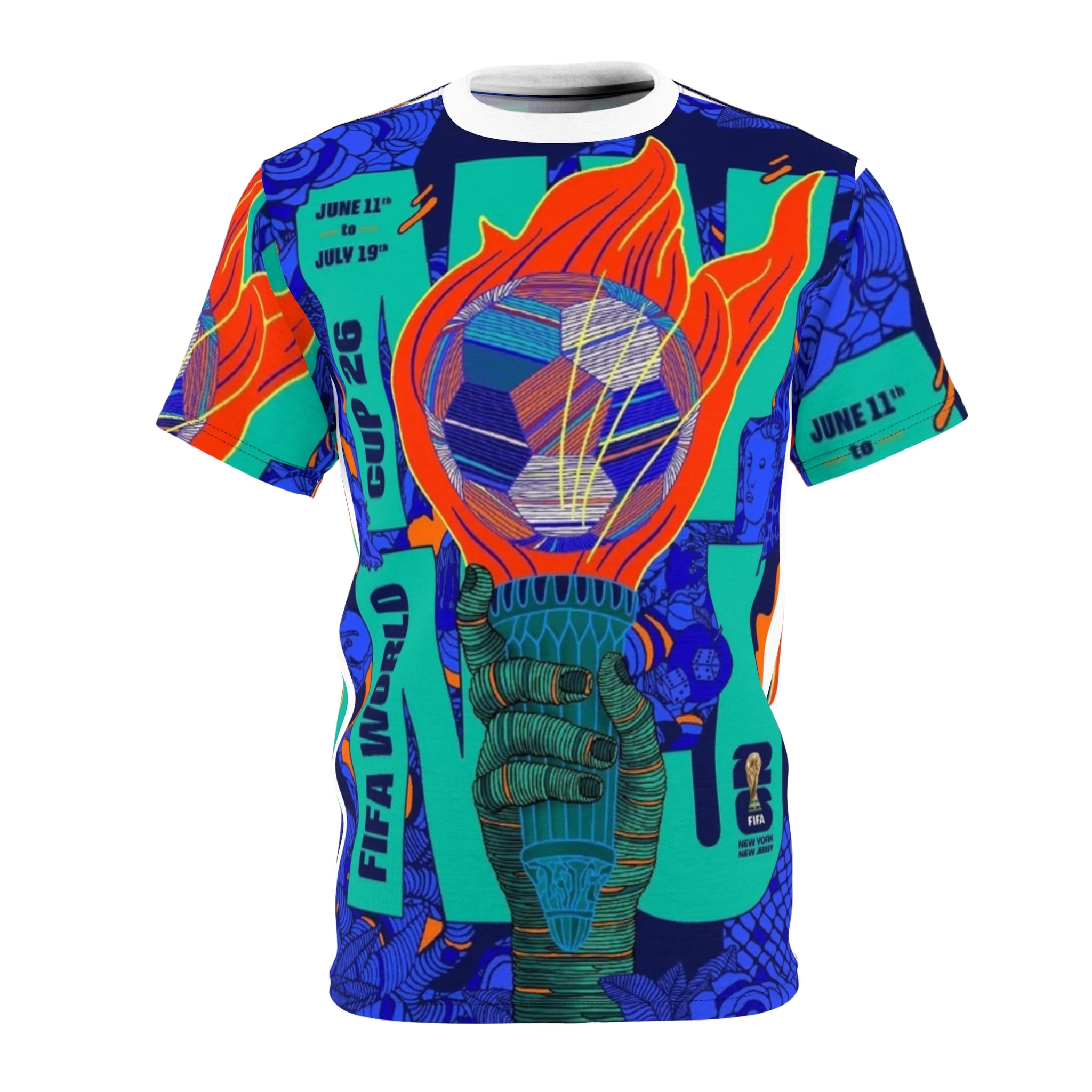 New Jersey FIFA World Cup Torch Print Tee — All-Over Soccer Tournament Graphic Shirt