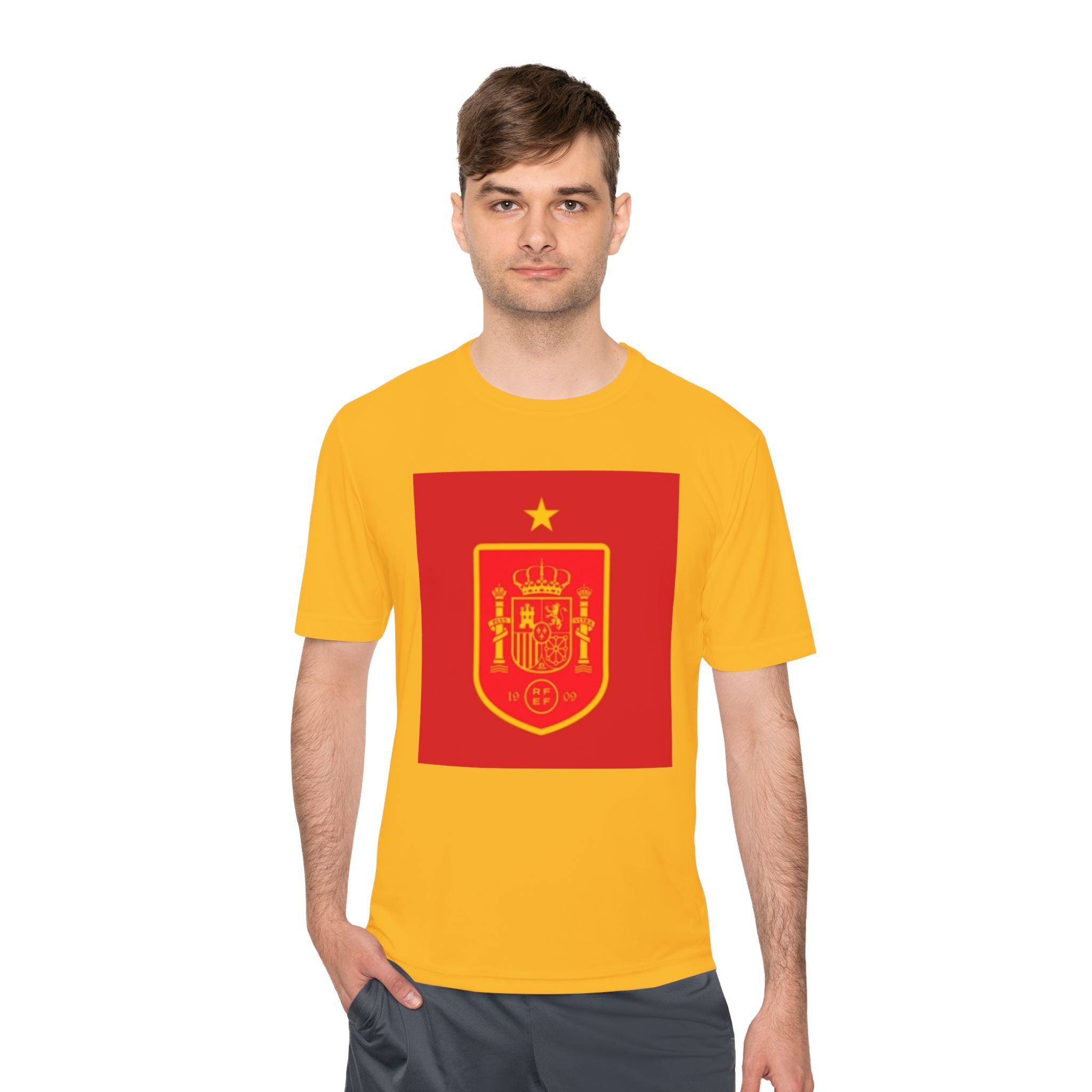 Spain Crest Athletic Tee — Red & Gold Soccer Fan Shirt 2026 World Cup