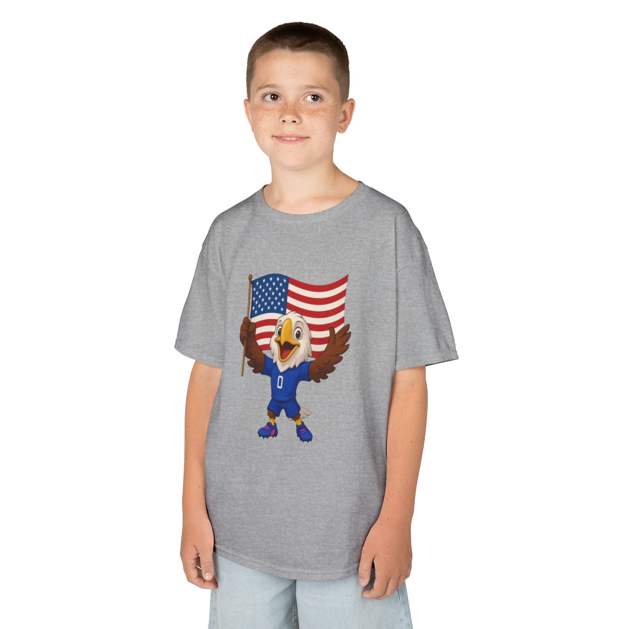 Kids Eagle Mascot T‑Shirt with American Flag — Patriotic Sports Tee