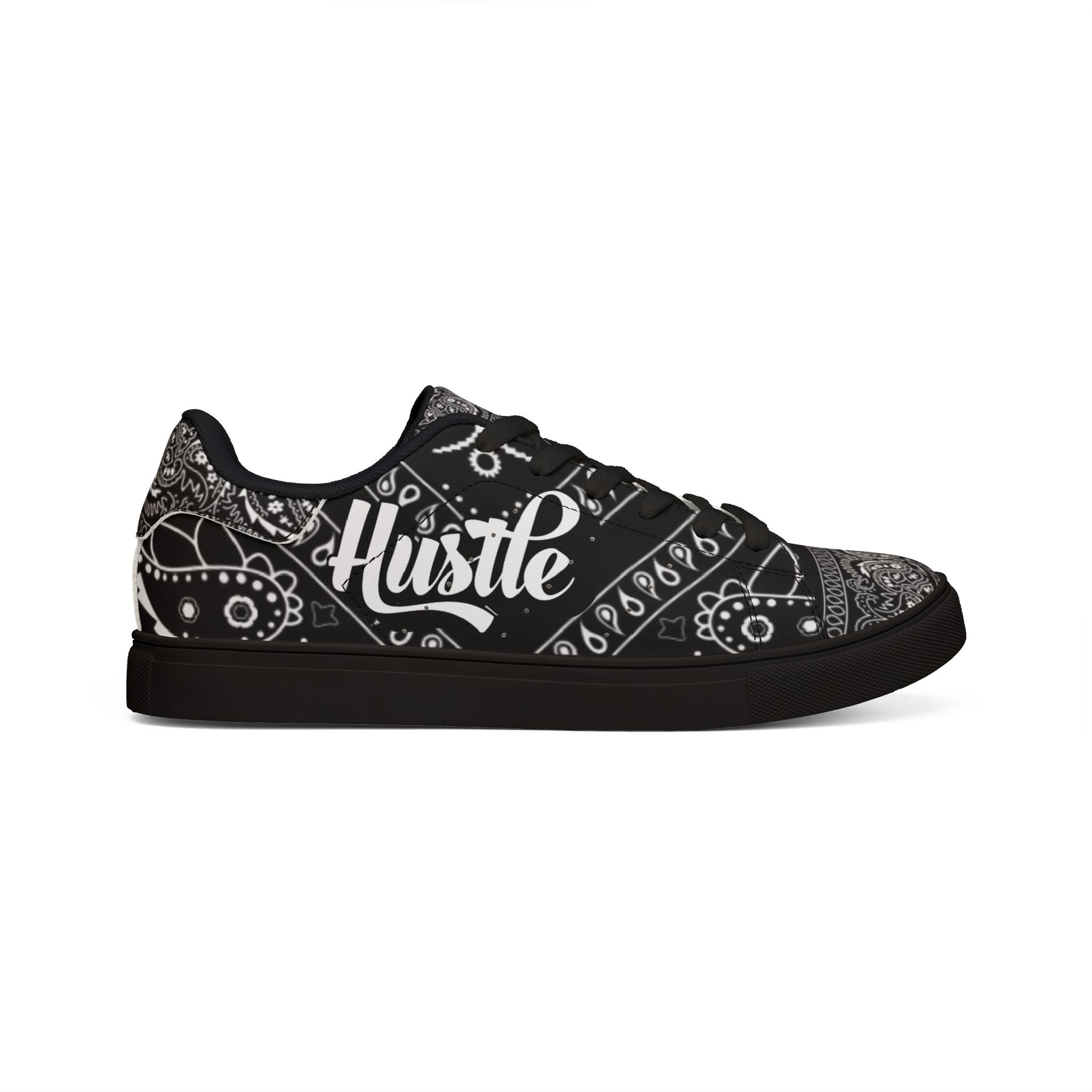 Low-Top Leather Sneakers — Black Bandana “Hustle” Street Style
