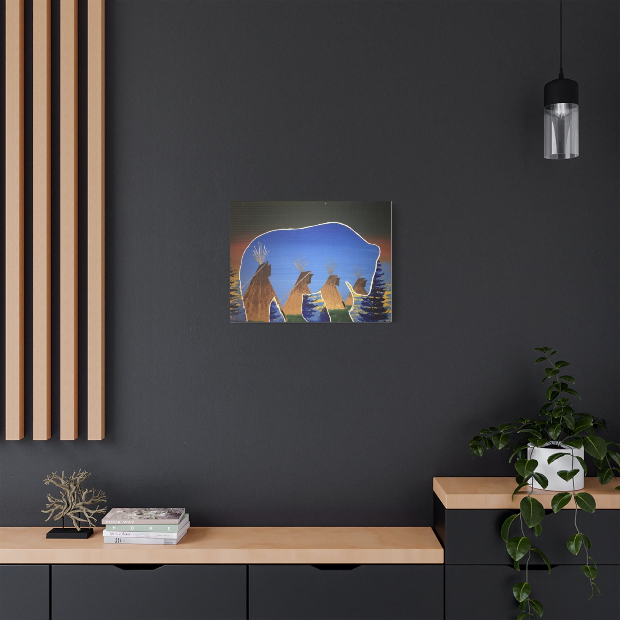 Canvas Wall Art — Native-Inspired Bear & Teepees Satin Stretched Print