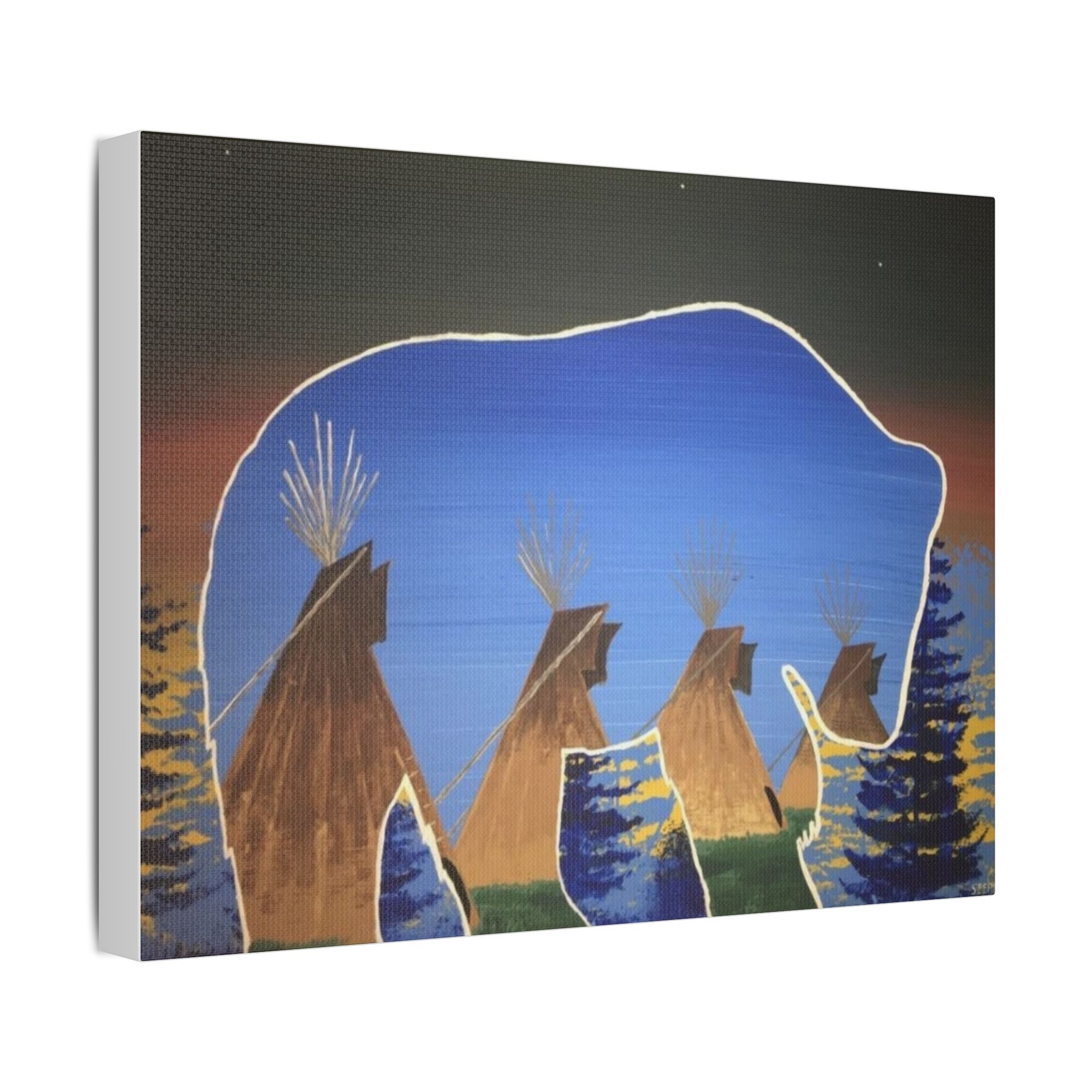 Canvas Wall Art — Native-Inspired Bear & Teepees Satin Stretched Print