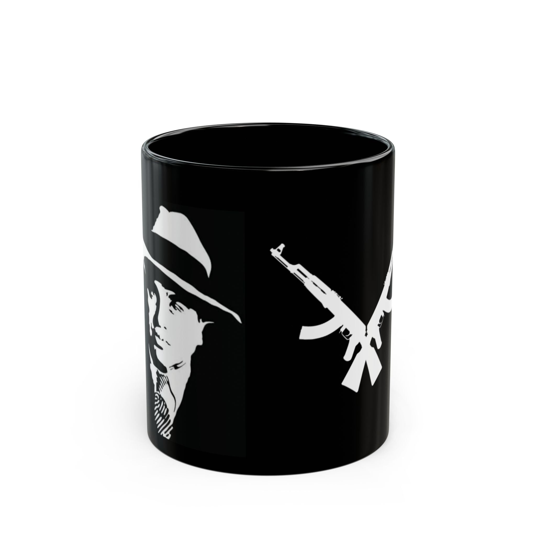 Gangster Silhouette Black Mug — Vintage Mobster & Crossed Rifles Coffee Cup