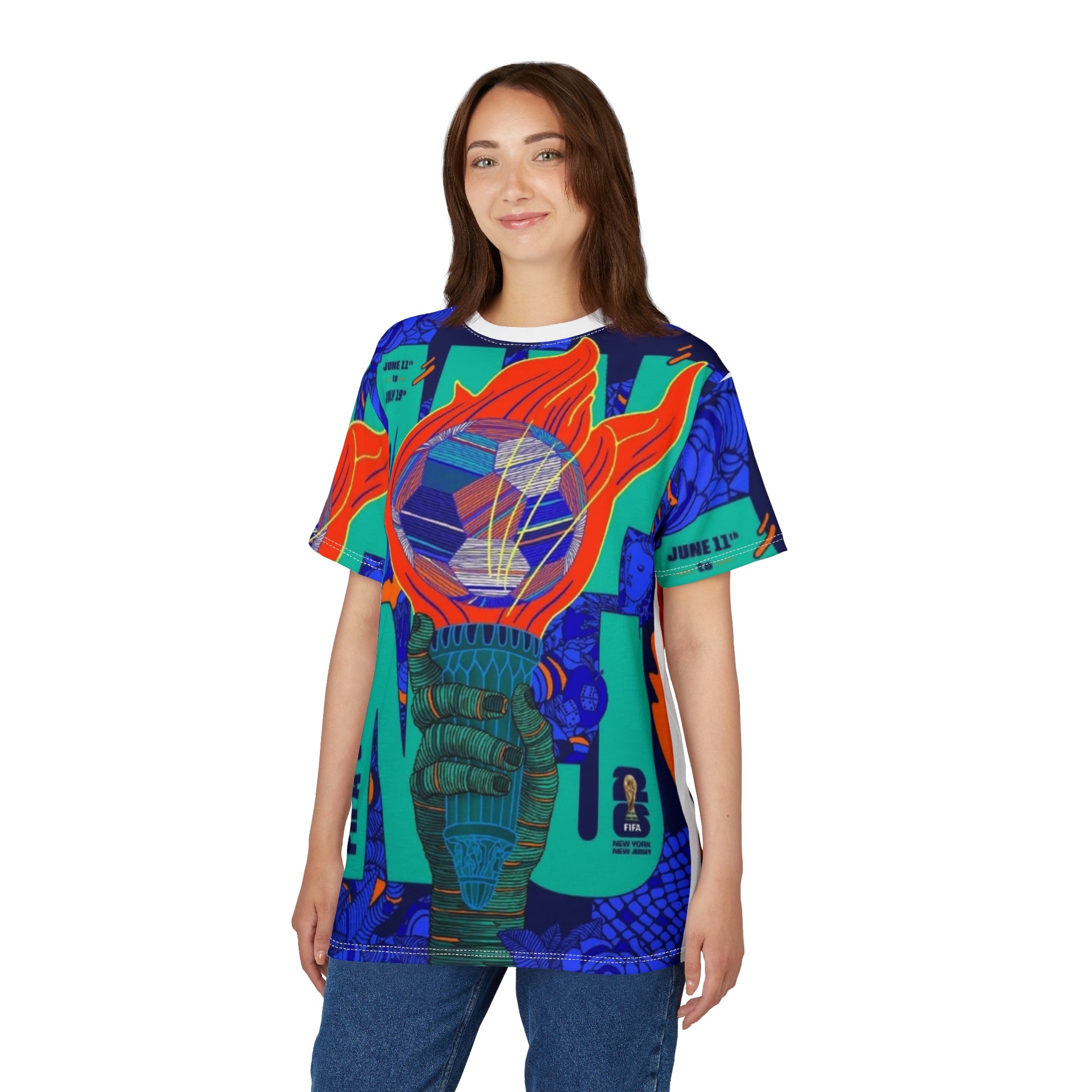New Jersey FIFA World Cup Torch Print Tee — All-Over Soccer Tournament Graphic Shirt