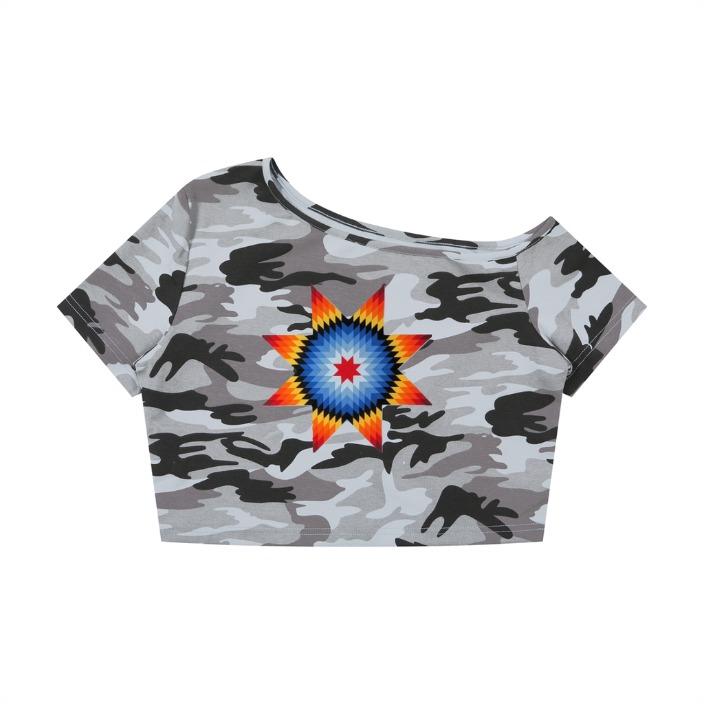 Women's Camo Off-Shoulder Crop T-Shirt - Shes the Plug