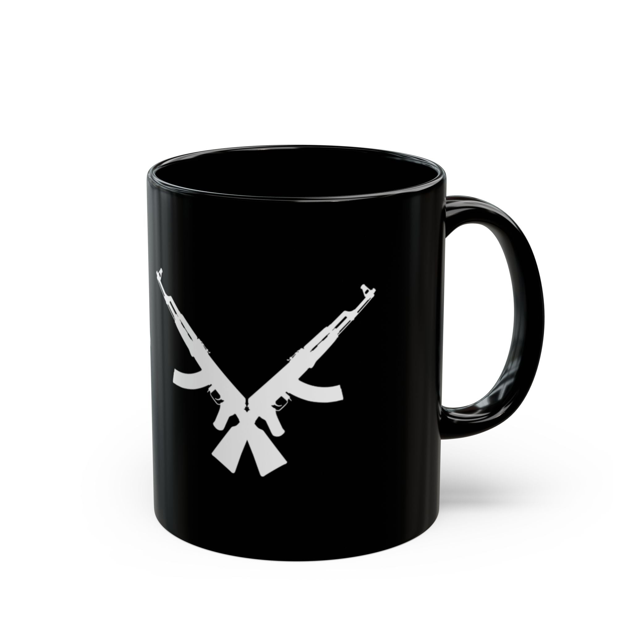 Gangster Silhouette Black Mug — Vintage Mobster & Crossed Rifles Coffee Cup