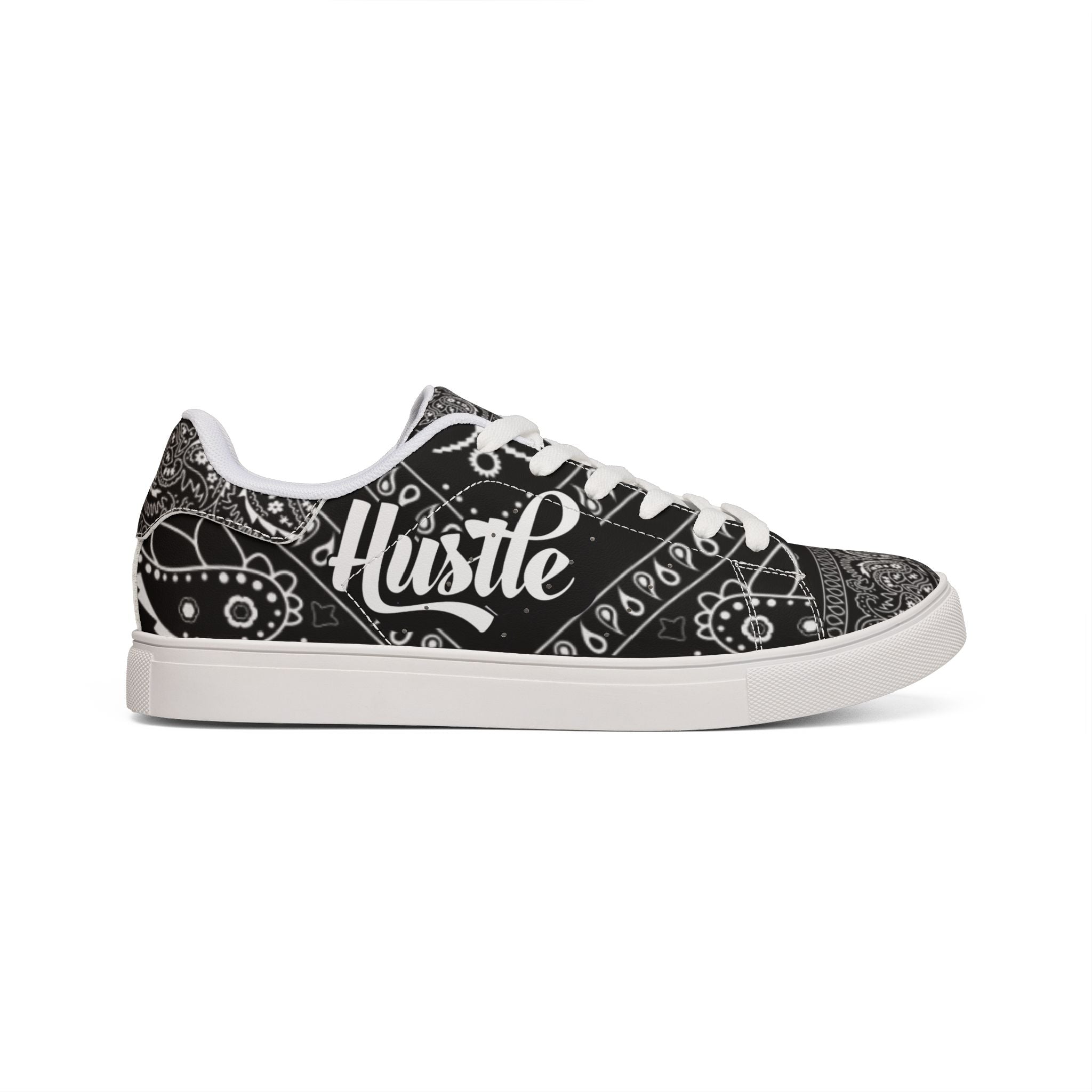 Low-Top Leather Sneakers — Black Bandana “Hustle” Street Style