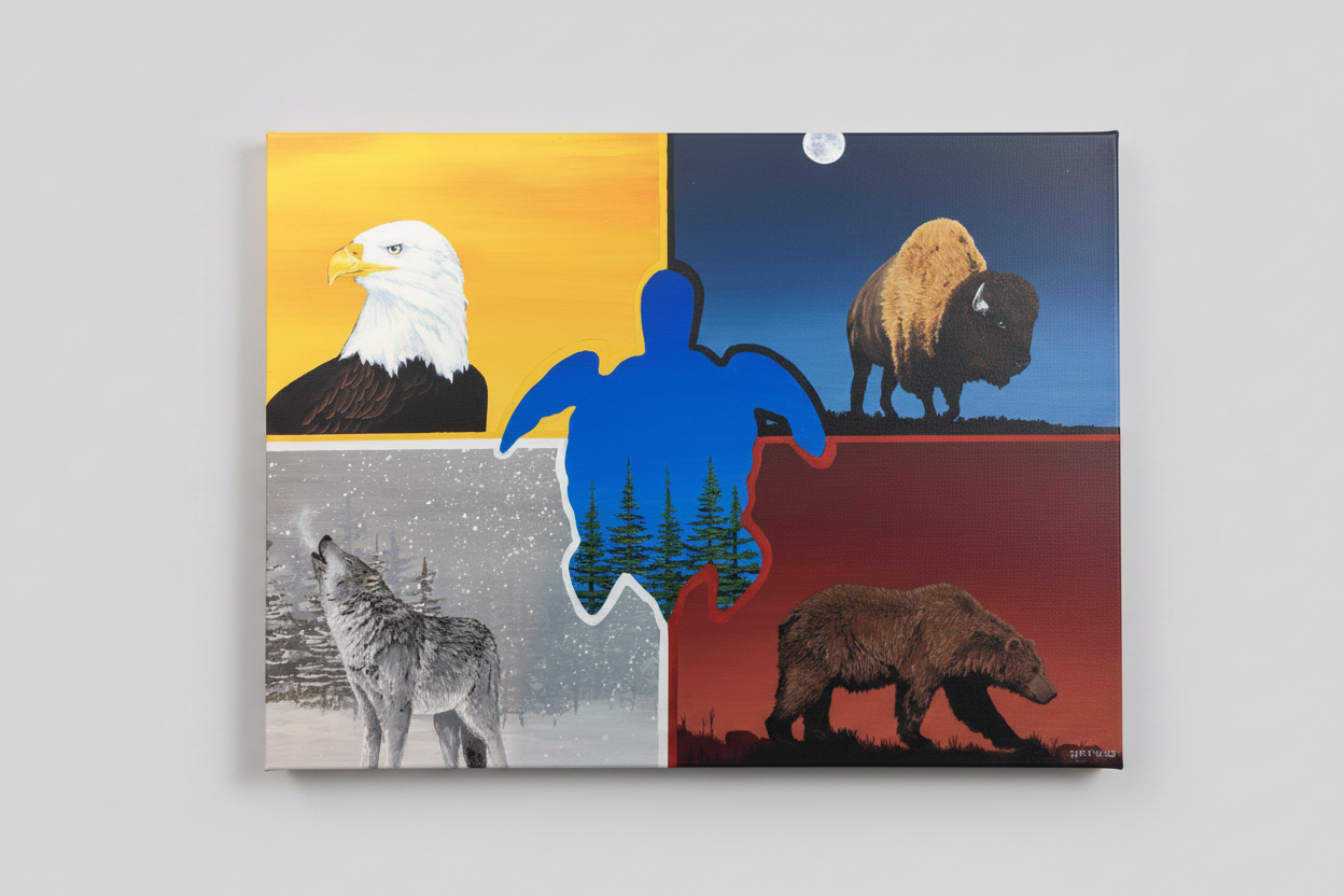 Collage of four animals: an eagle, a bison, a wolf, and a bear, each set against a different background.