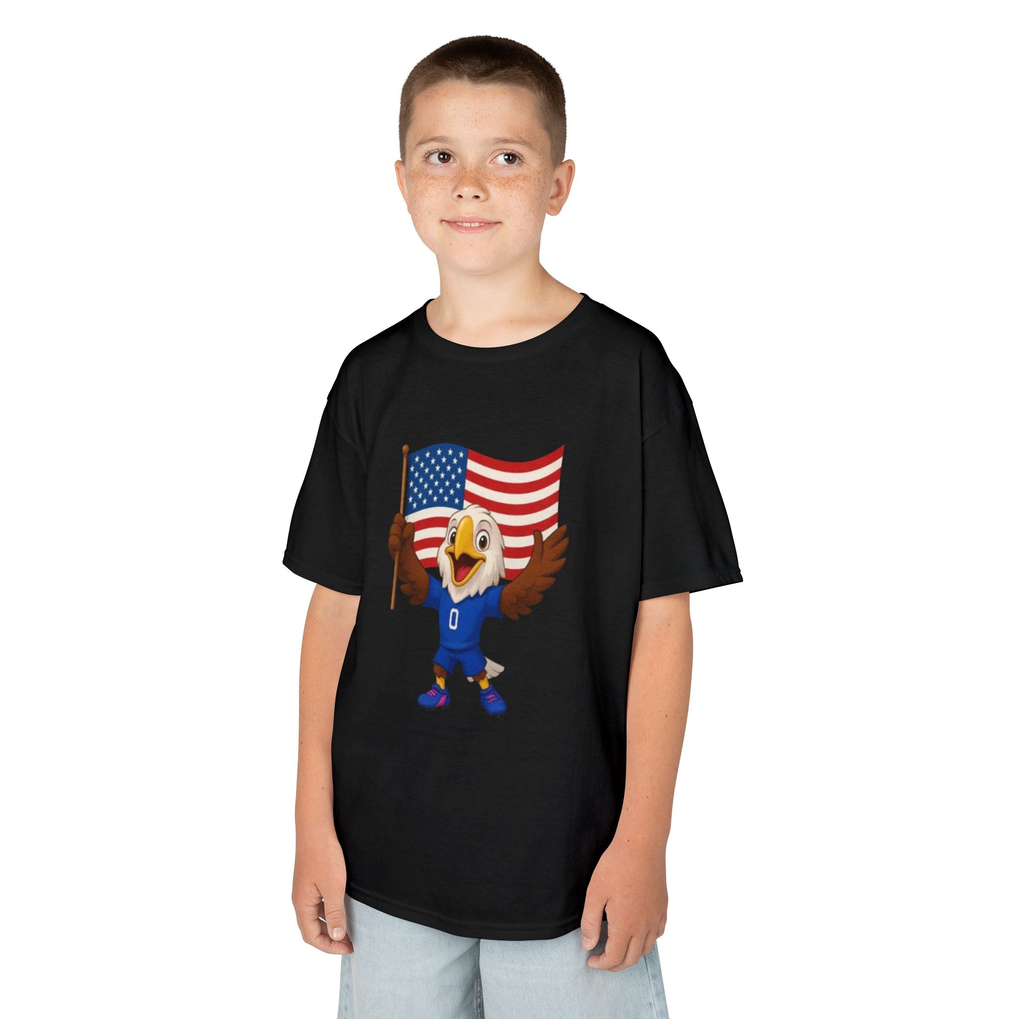 Kids Eagle Mascot T‑Shirt with American Flag — Patriotic Sports Tee