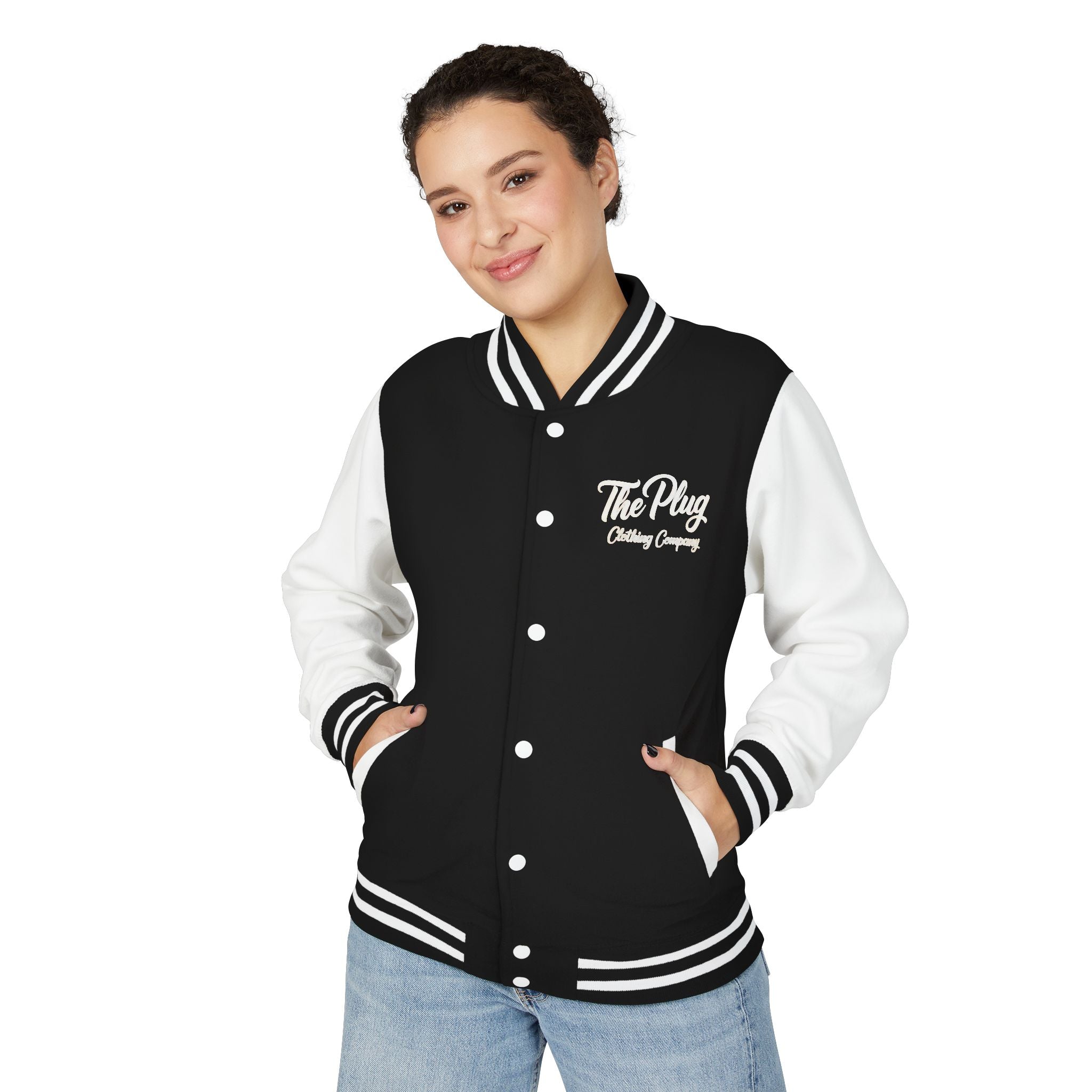 Letterman Jacket — The Plug Premium Clothing Script Logo