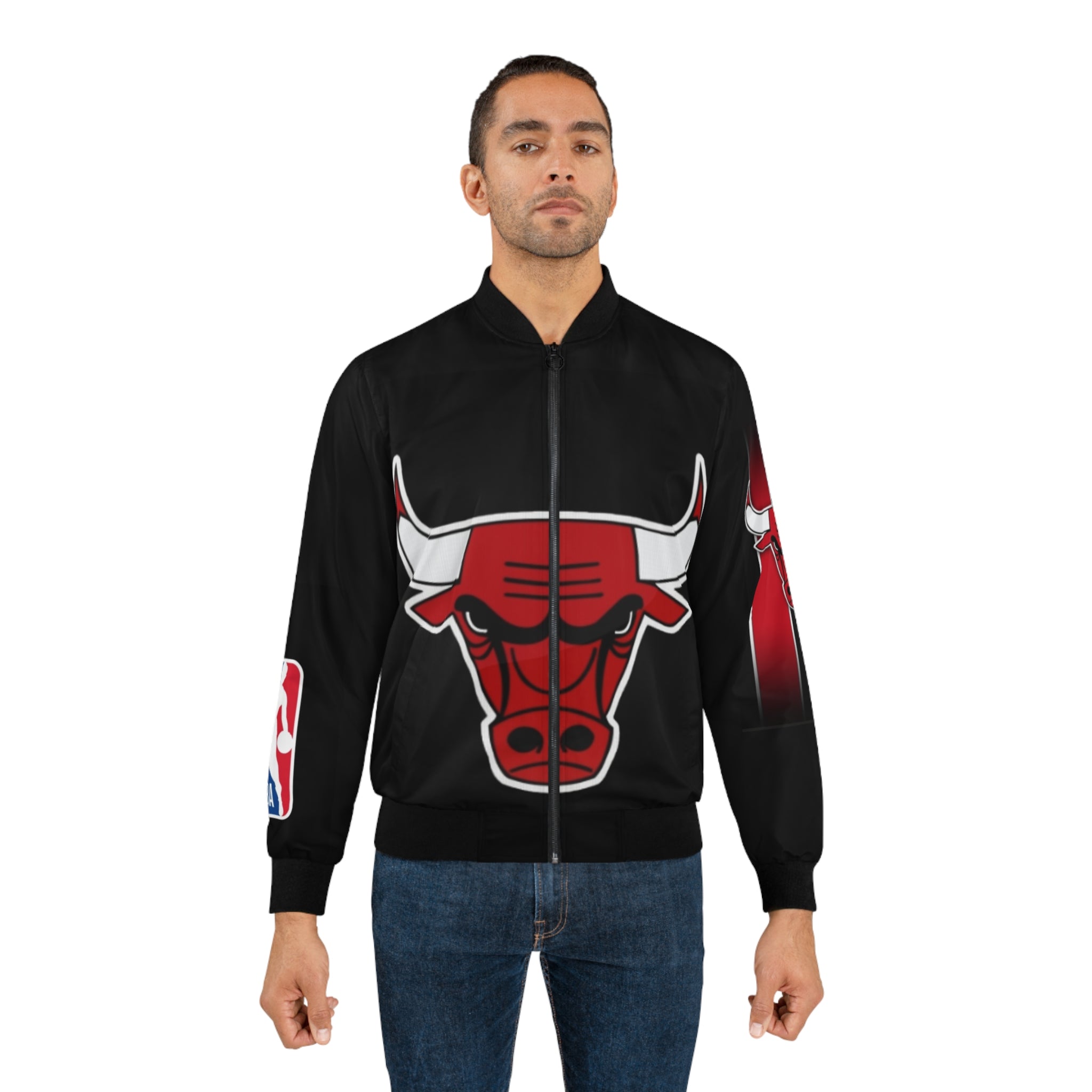 Chicago Bulls Logo Bomber Jacket — Men’s NBA Black All-Over Print