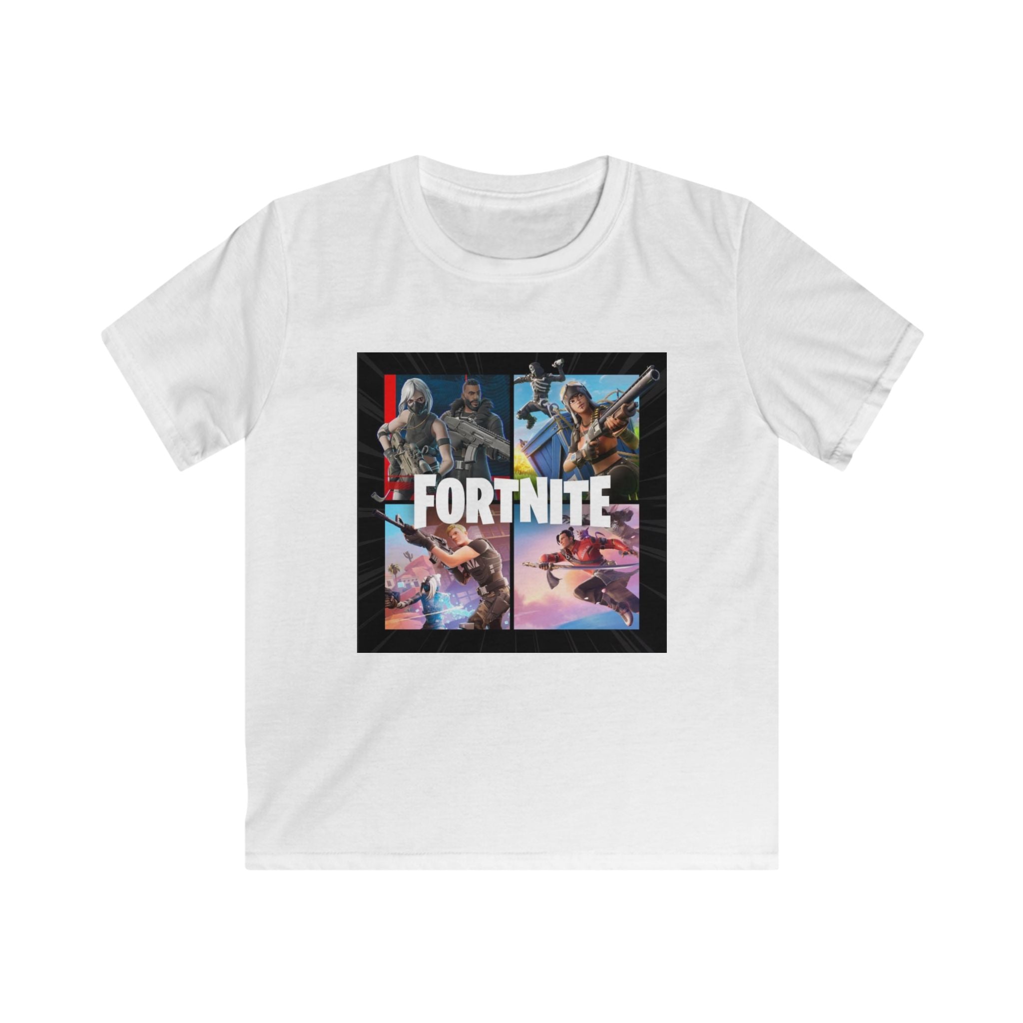 Fortnite Kids Tee — Colorful Battle Royale Character Collage