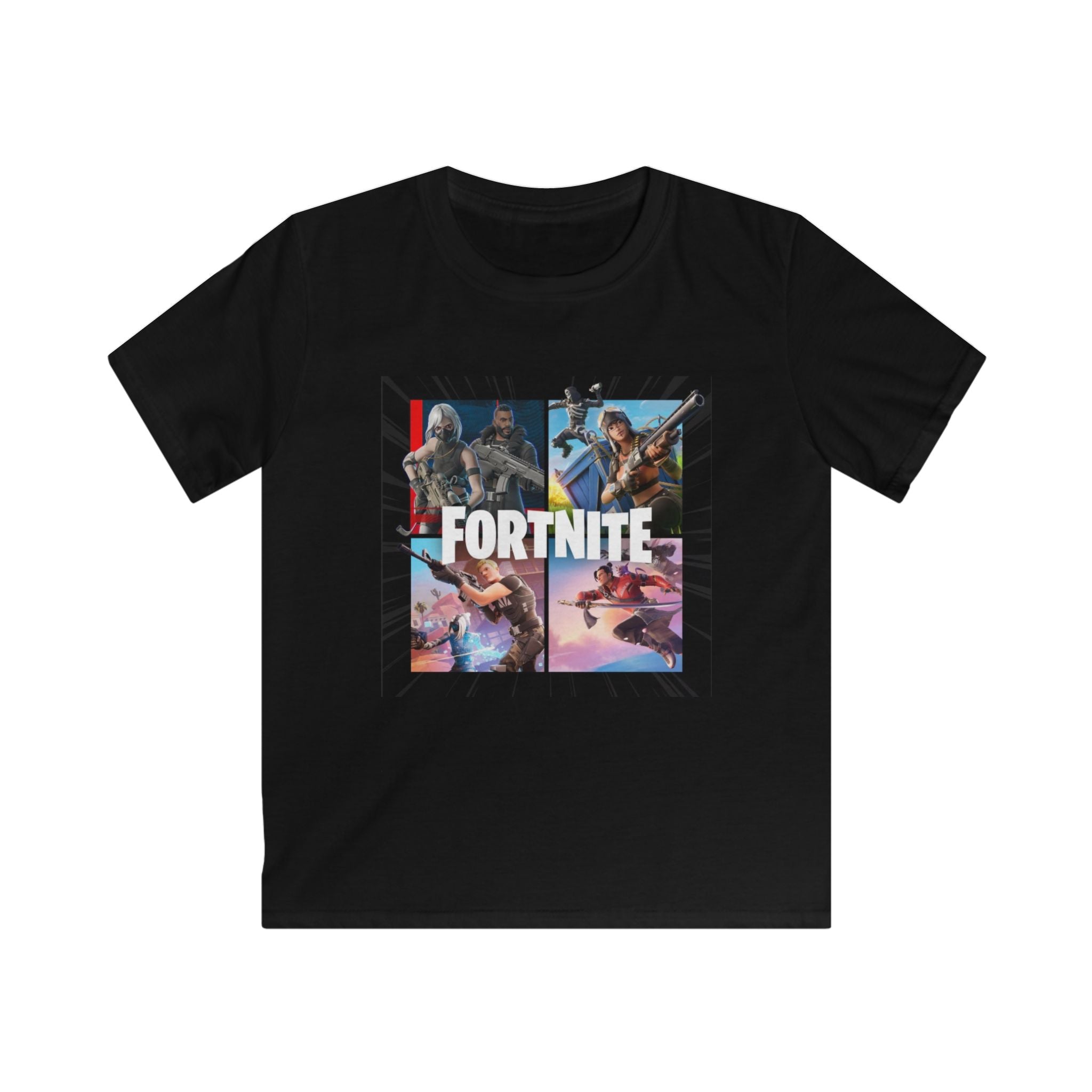 Fortnite Kids Tee — Colorful Battle Royale Character Collage
