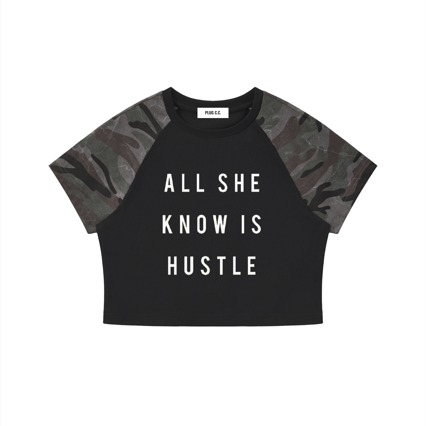 AllSheKnowIsHustle,ShesThePlug,Camo,Raglan,Croptop