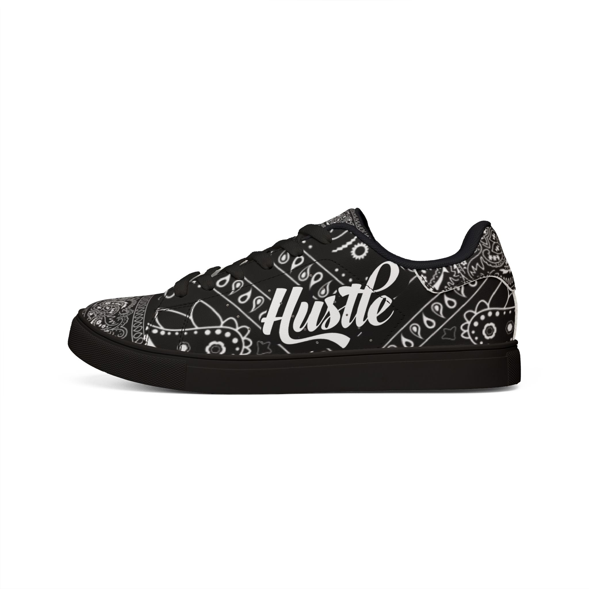 Low-Top Leather Sneakers — Black Bandana “Hustle” Street Style
