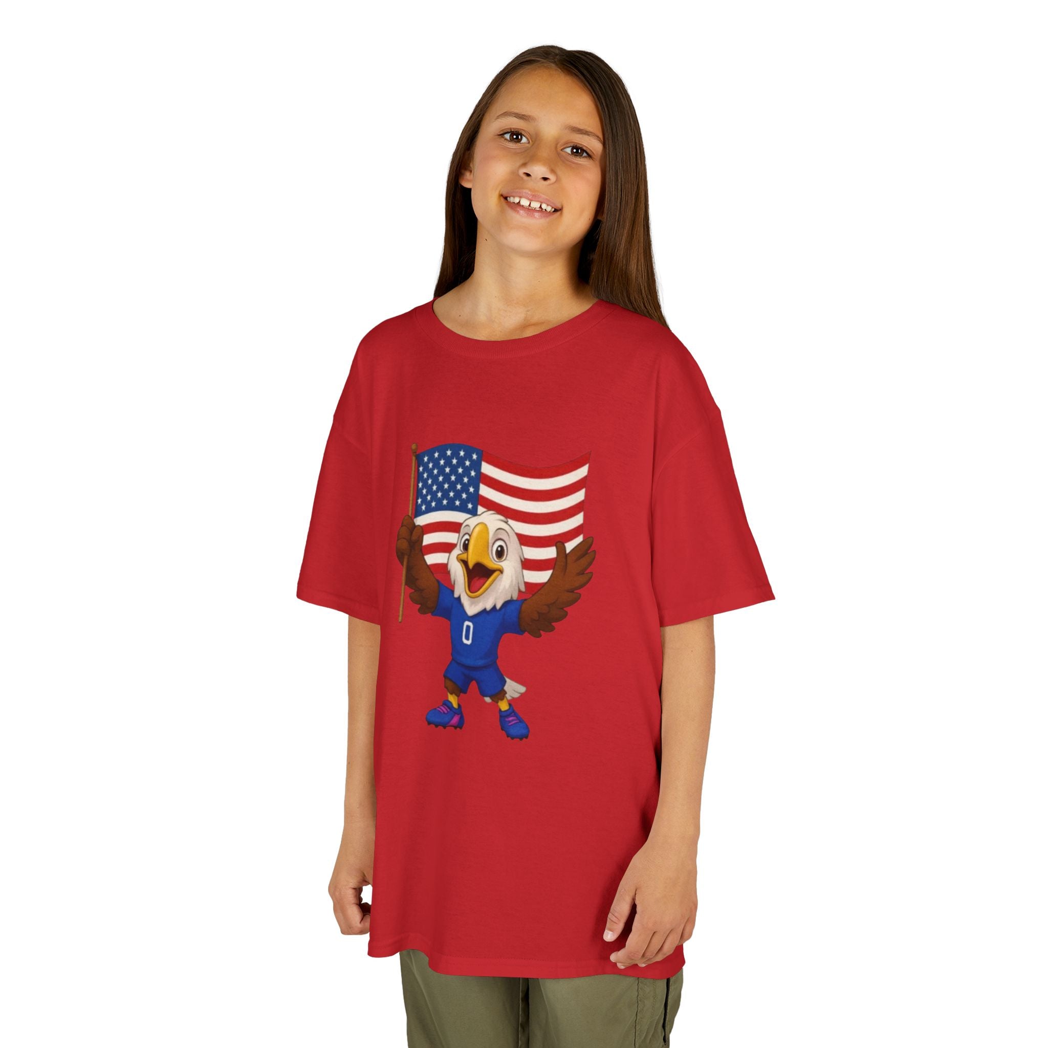 Kids Eagle Mascot T‑Shirt with American Flag — Patriotic Sports Tee