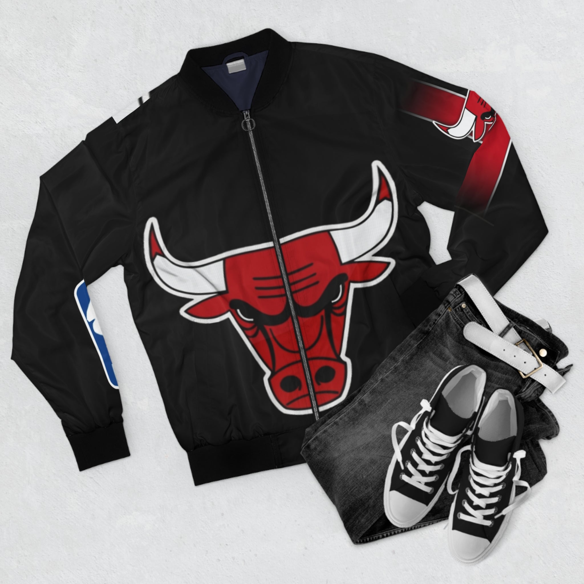 Chicago Bulls Logo Bomber Jacket — Men’s NBA Black All-Over Print
