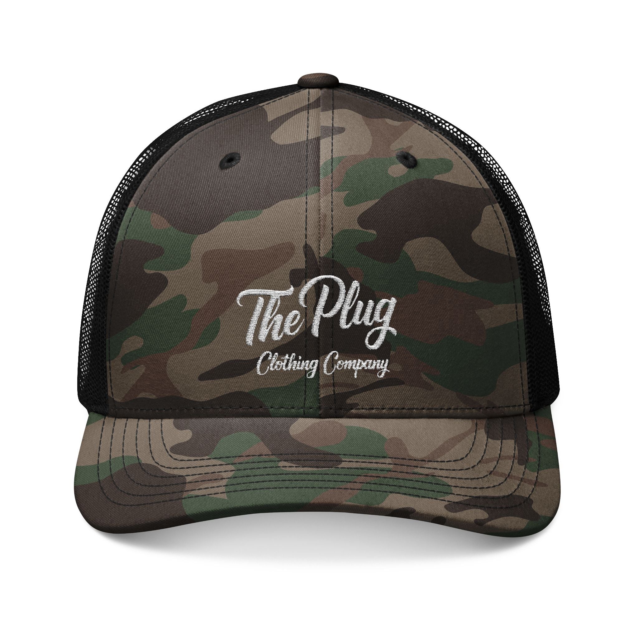 Camo Embroidered Trucker Hat — "The Plug Clothing Company"