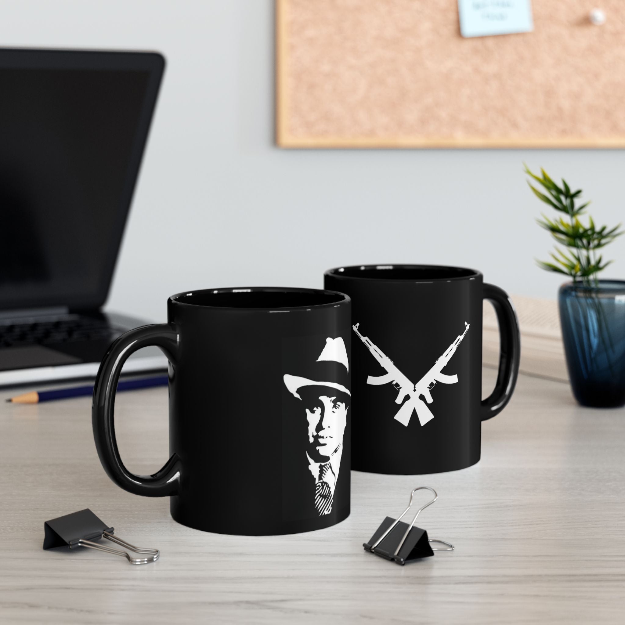 Gangster Silhouette Black Mug — Vintage Mobster & Crossed Rifles Coffee Cup