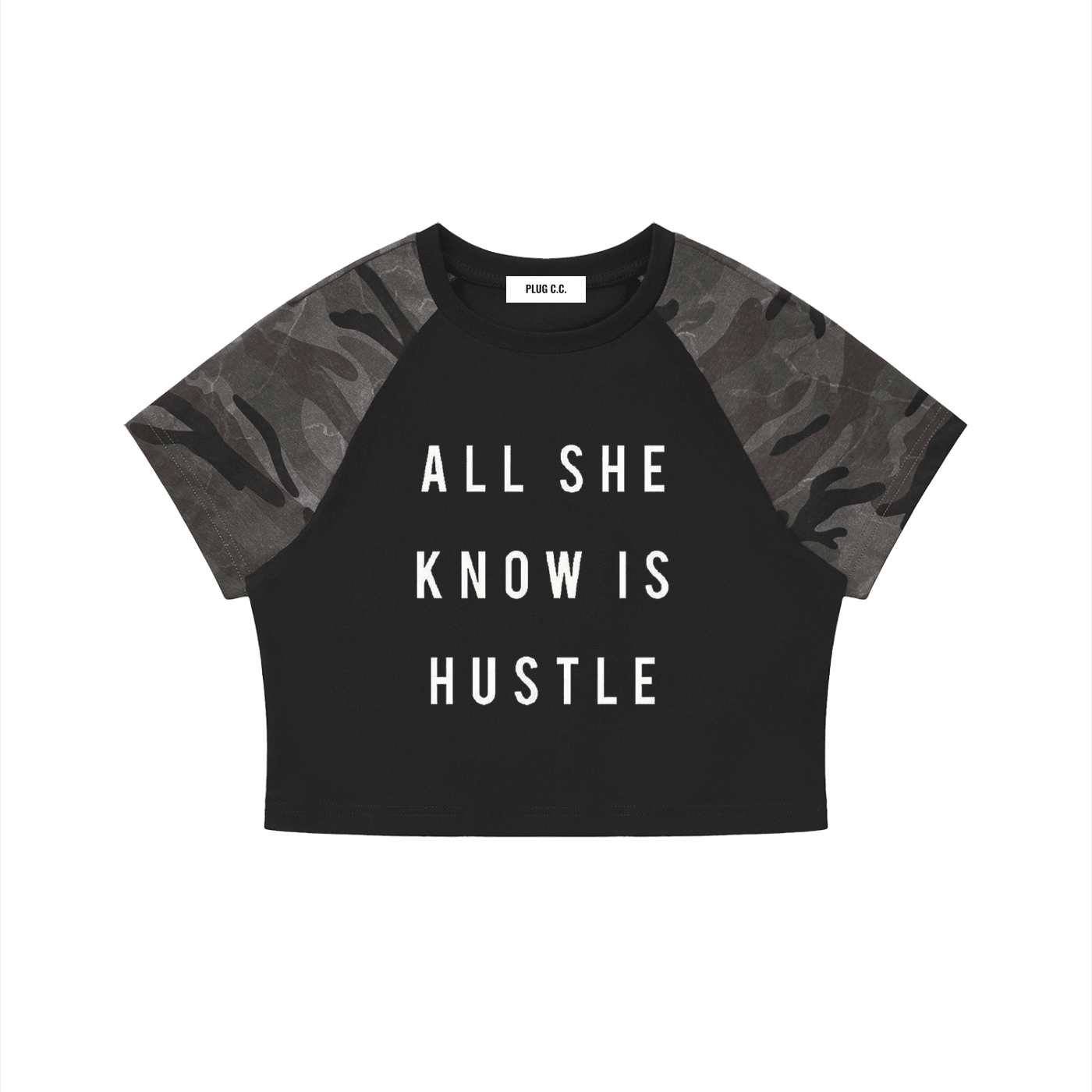 All She Know is Hustle: She's The Plug Women’s Camo Raglan Crop T-Shirt - Art by Seepengoose: The Plug Clothing Company