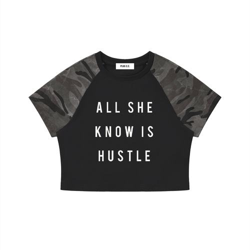All She Know is Hustle: She's The Plug Women’s Camo Raglan Crop T-Shirt - Art by Seepengoose: The Plug Clothing Company