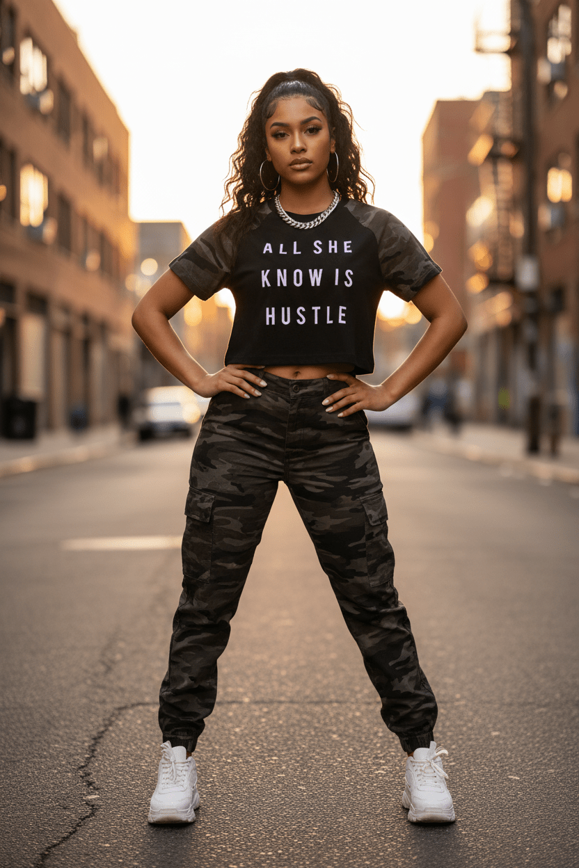 All She Know is Hustle: She's The Plug Women’s Camo Raglan Crop T-Shirt - Art by Seepengoose: The Plug Clothing Company