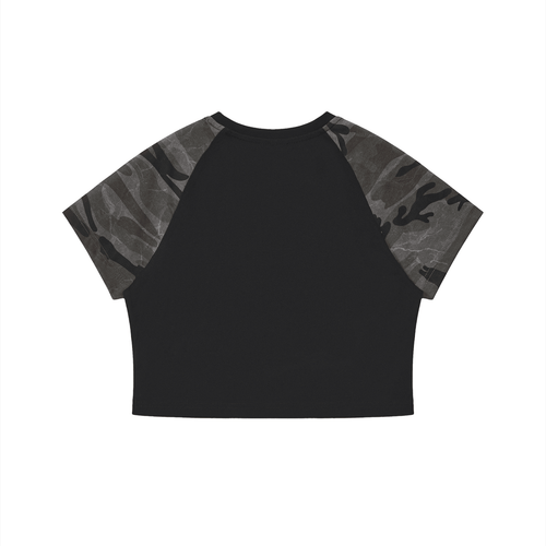 All She Know is Hustle: She's The Plug Women’s Camo Raglan Crop T-Shirt - Art by Seepengoose: The Plug Clothing Company