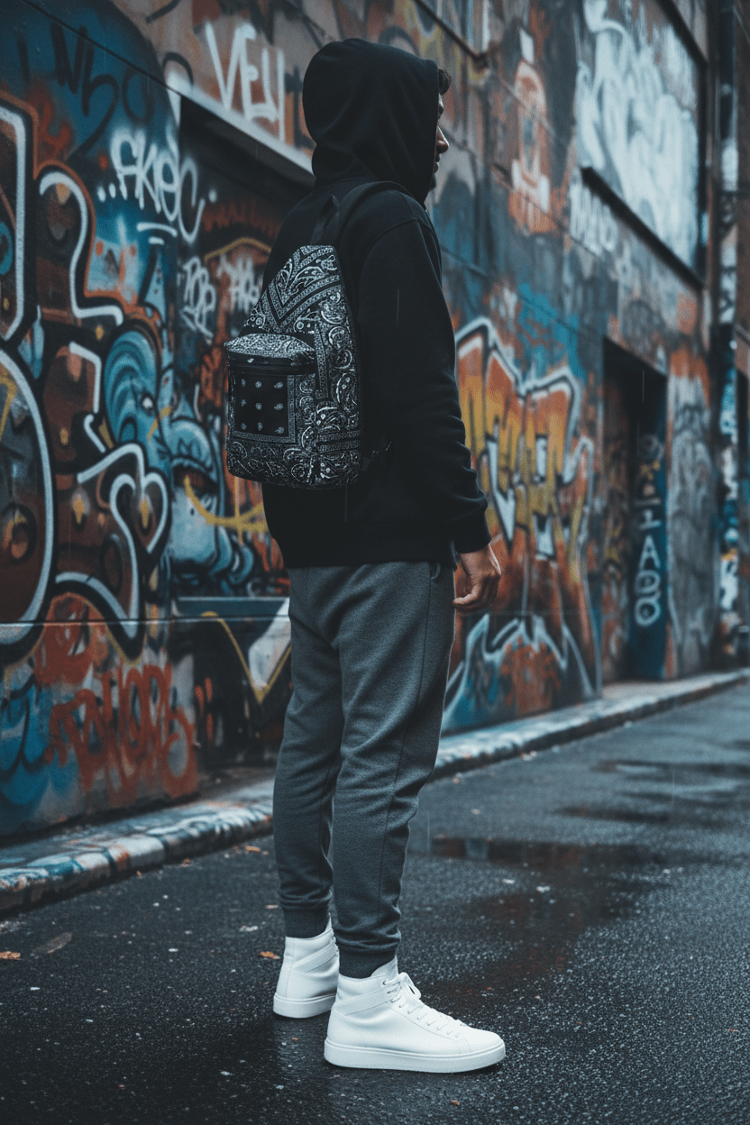 Black Bandana Paisley Sling Bag — Crossbody Urban Travel Pack - Art by Seepengoose: The Plug Clothing Company