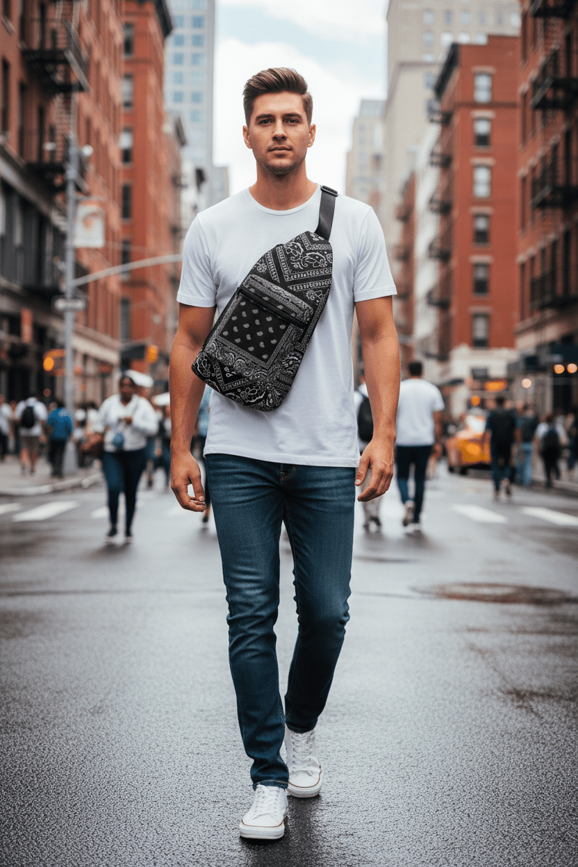 Black Bandana Paisley Sling Bag — Crossbody Urban Travel Pack - Art by Seepengoose: The Plug Clothing Company