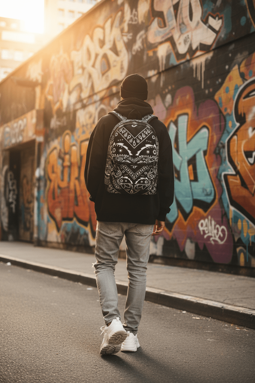 Black Bandana Pattern Backpack — Paisley Streetwear Daypack - Art by Seepengoose: The Plug Clothing Company