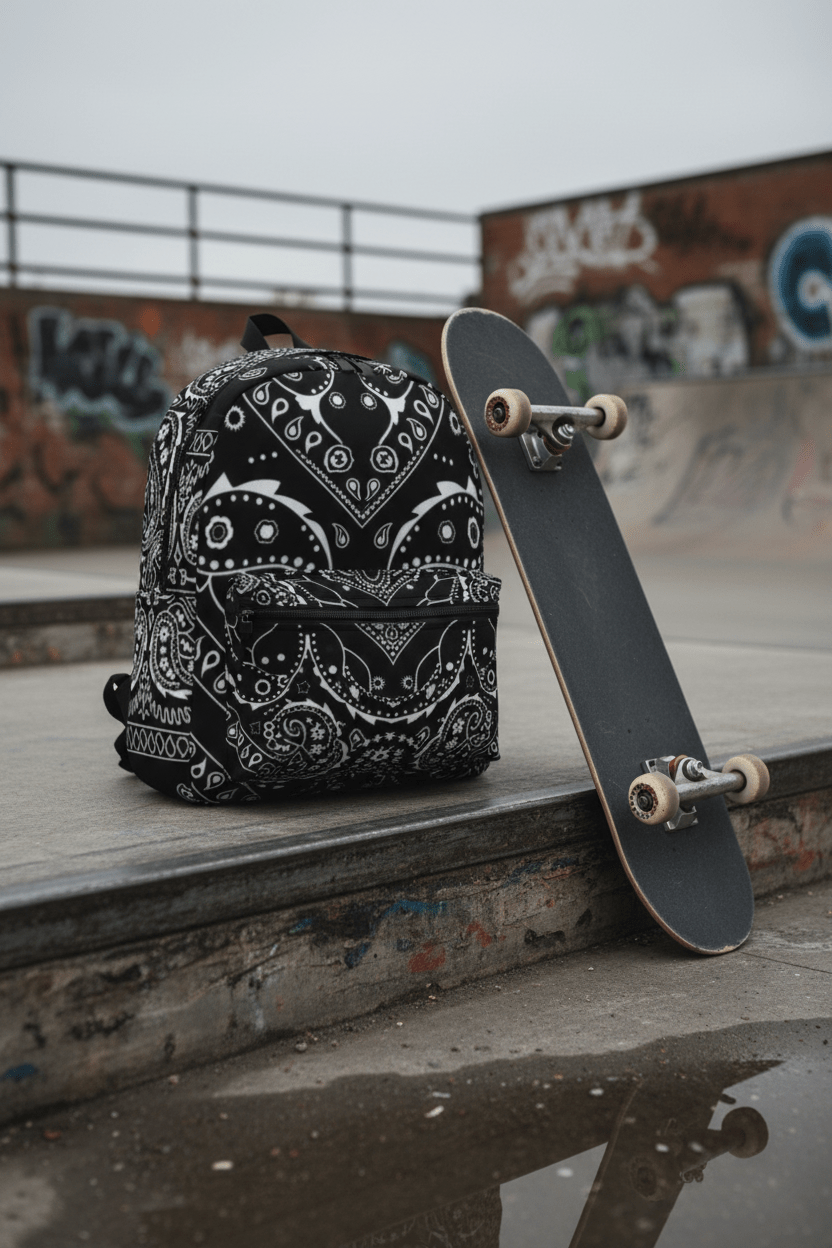 Black Bandana Pattern Backpack — Paisley Streetwear Daypack - Art by Seepengoose: The Plug Clothing Company