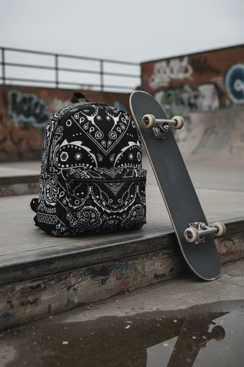 Black Bandana Pattern Backpack — Paisley Streetwear Daypack - Art by Seepengoose: The Plug Clothing Company