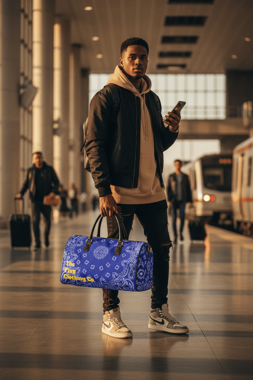 Blue Bandana Duffel with "The Plug Clothing Co." Accent - Art by Seepengoose: The Plug Clothing Company