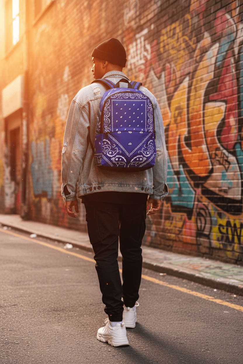Blue Bandana Print Backpack - Paisley Cotton-Style Daypack - Art by Seepengoose: The Plug Clothing Company