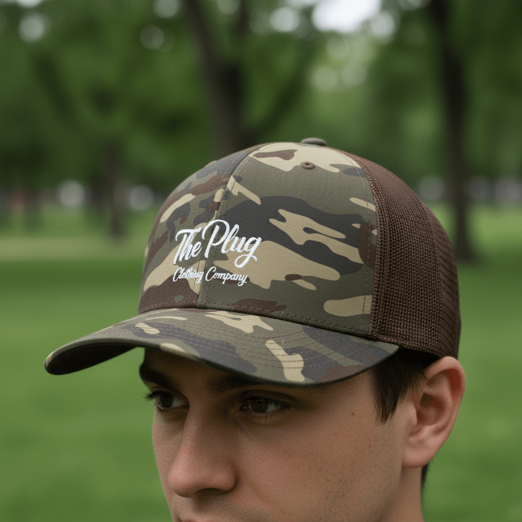 Camo Embroidered Trucker Hat — "The Plug Clothing Company" - Art by Seepengoose: The Plug Clothing Company