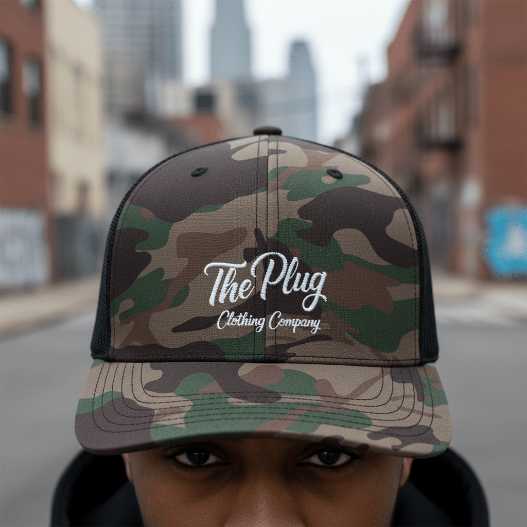 Camo Embroidered Trucker Hat — "The Plug Clothing Company" - Art by Seepengoose: The Plug Clothing Company