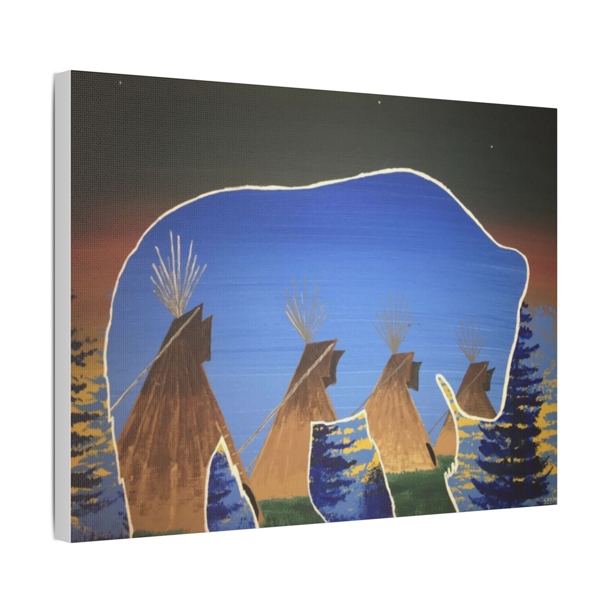 Canvas Wall Art — Native-Inspired Bear & Teepees Satin Stretched Print - Art by Seepengoose: The Plug Clothing Company