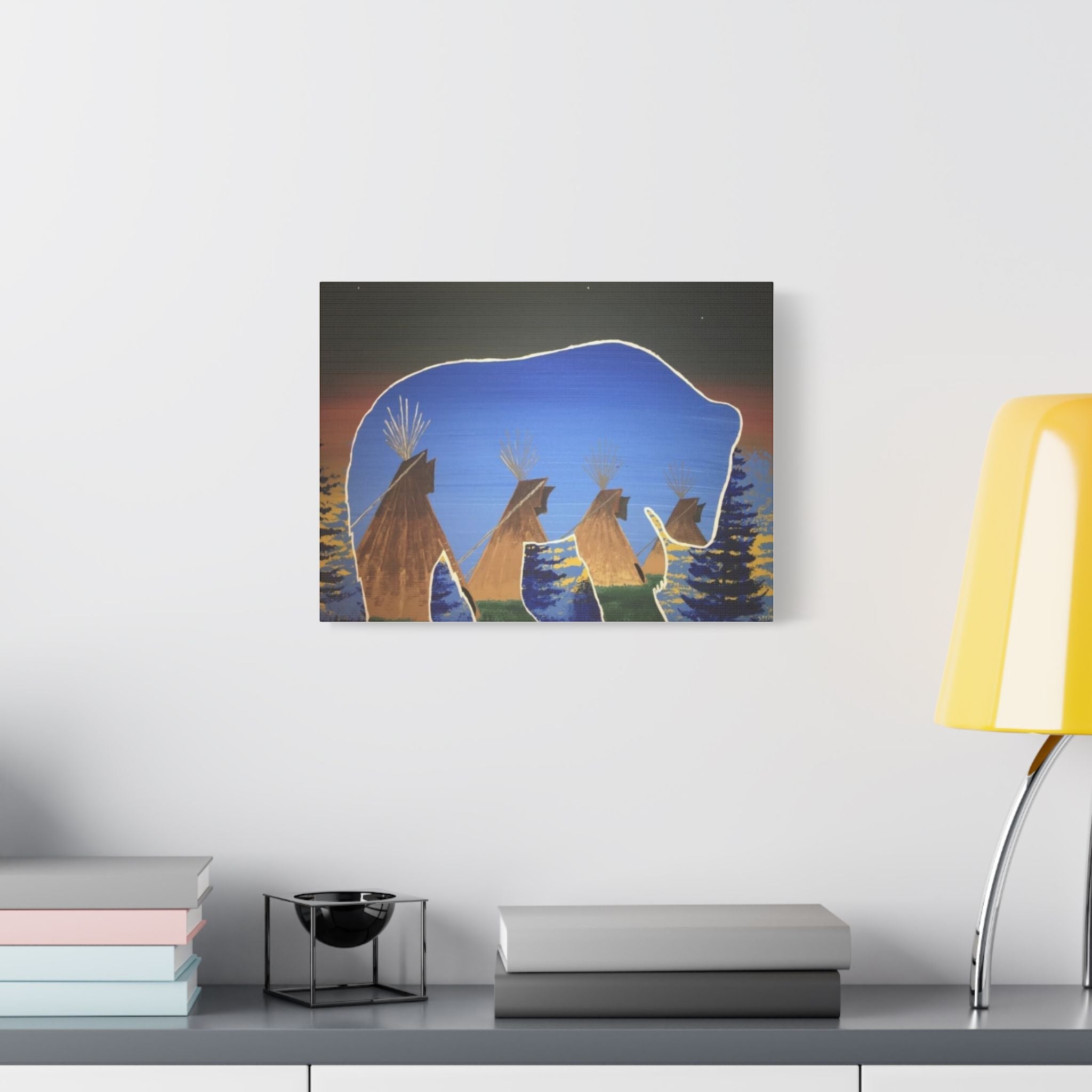 Canvas Wall Art — Native-Inspired Bear & Teepees Satin Stretched Print - Art by Seepengoose: The Plug Clothing Company