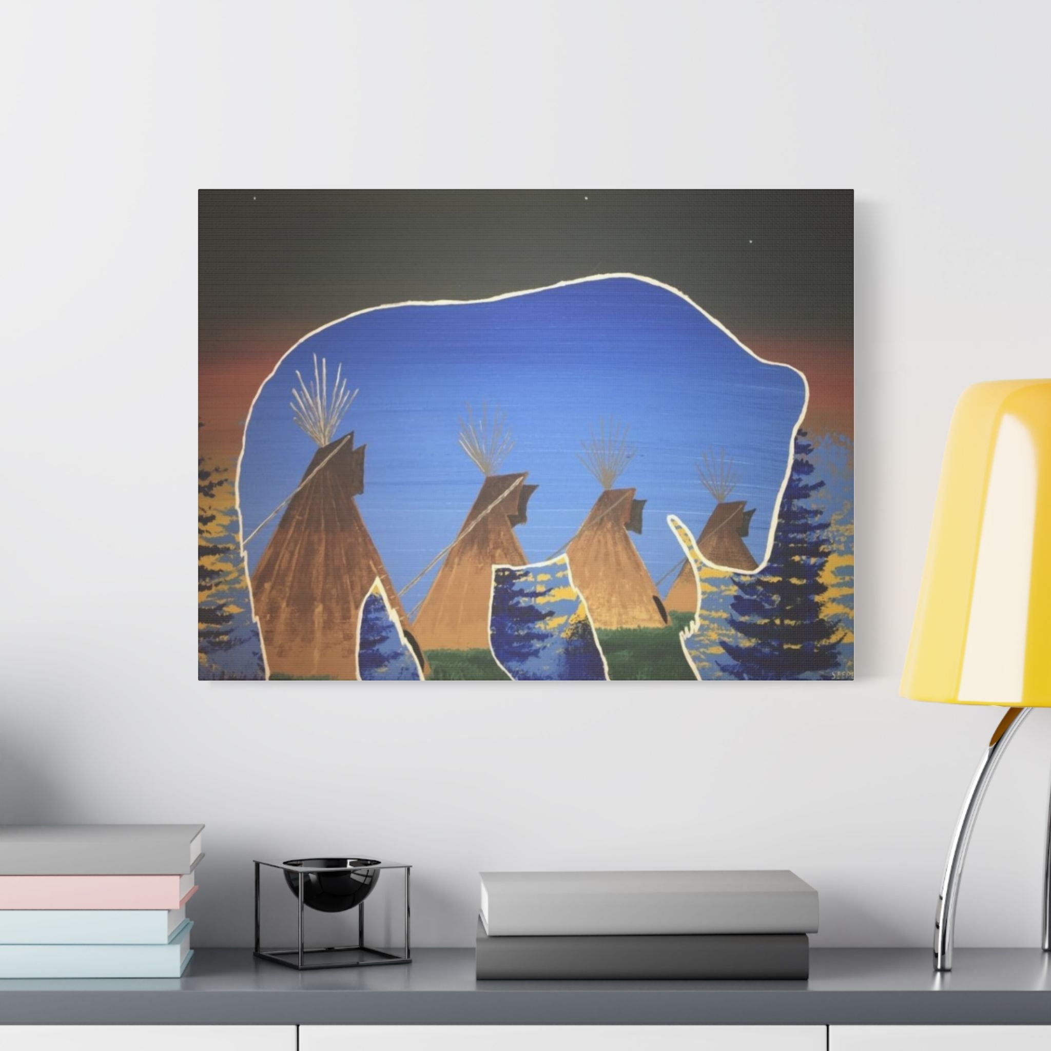 Canvas Wall Art — Native-Inspired Bear & Teepees Satin Stretched Print - Art by Seepengoose: The Plug Clothing Company