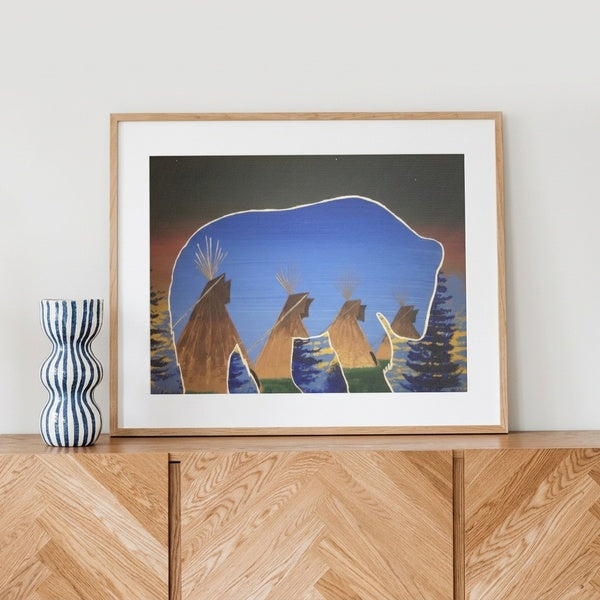 Canvas Wall Art — Native-Inspired Bear & Teepees Satin Stretched Print - Art by Seepengoose: The Plug Clothing Company