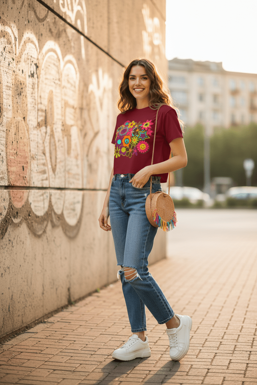 Flower Power: Women's Crewneck Crop T-Shirt - Art by Seepengoose: The Plug Clothing Company
