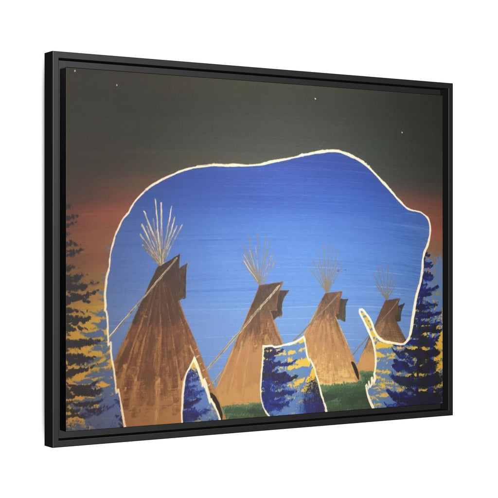 Framed Canvas Print — Native Teepees & Bear Silhouette Wall Art - Art by Seepengoose: The Plug Clothing Company