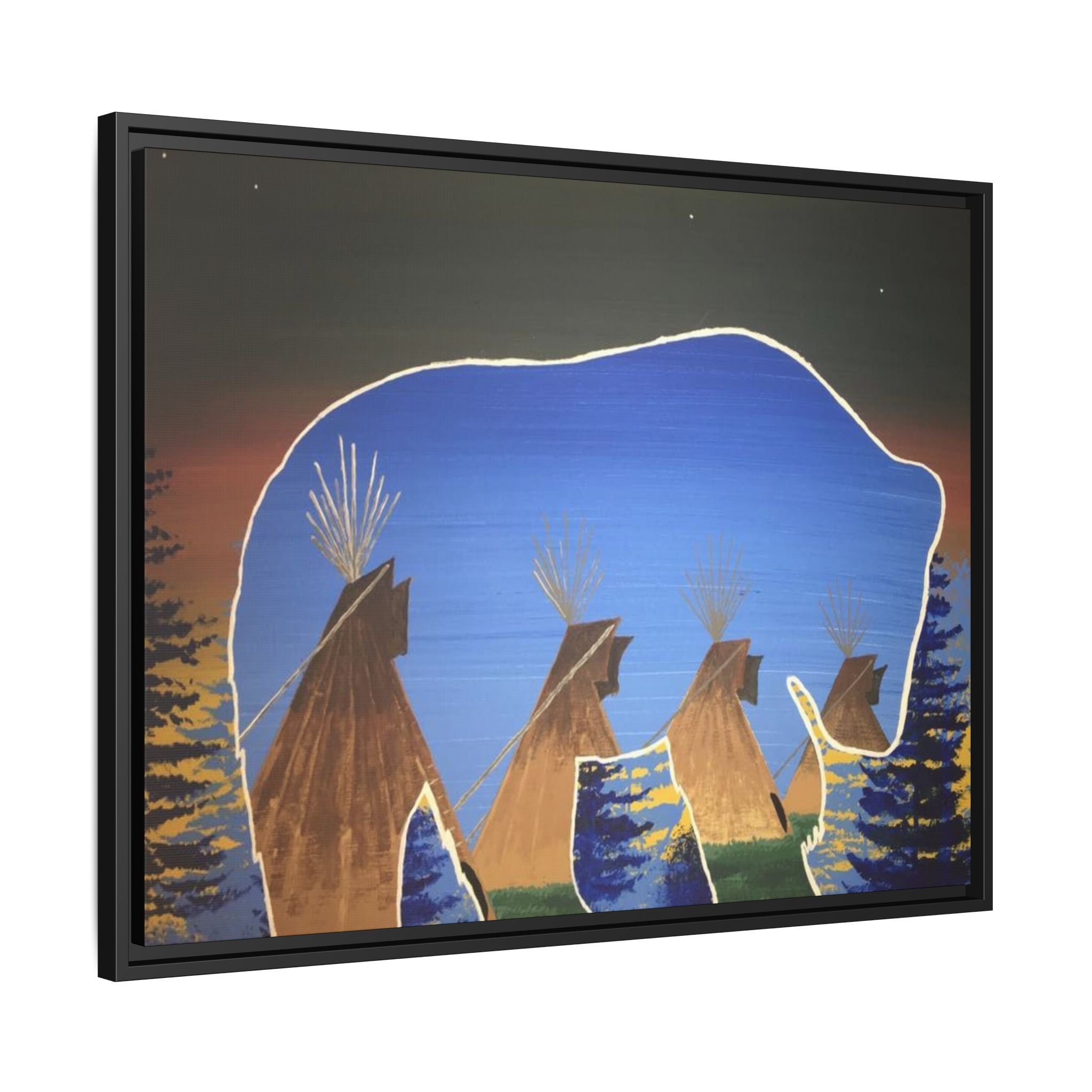 Framed Canvas Print — Native Teepees & Bear Silhouette Wall Art - Art by Seepengoose: The Plug Clothing Company