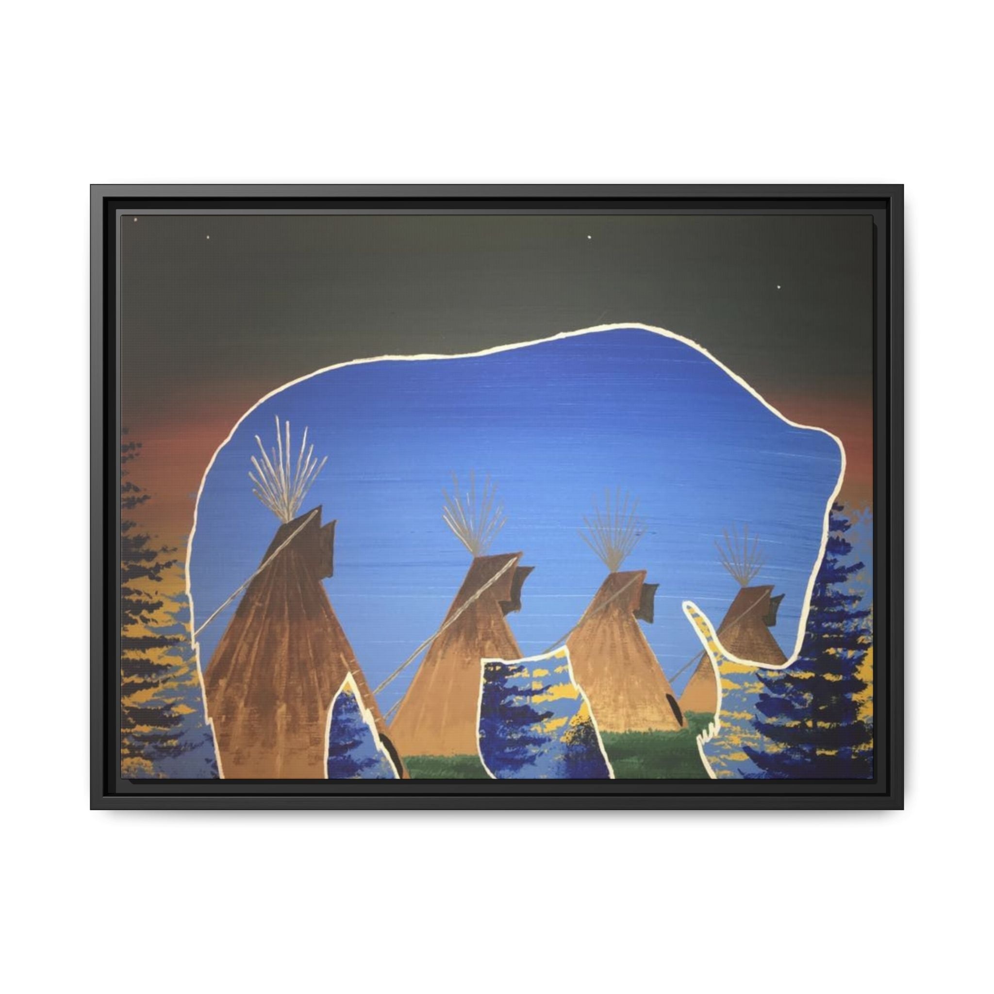 Framed Canvas Print — Native Teepees & Bear Silhouette Wall Art - Art by Seepengoose: The Plug Clothing Company