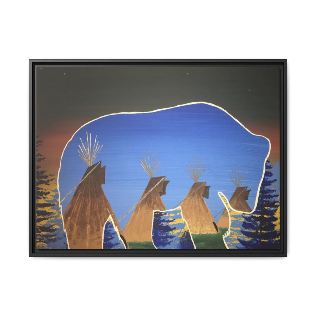 Framed Canvas Print — Native Teepees & Bear Silhouette Wall Art - Art by Seepengoose: The Plug Clothing Company