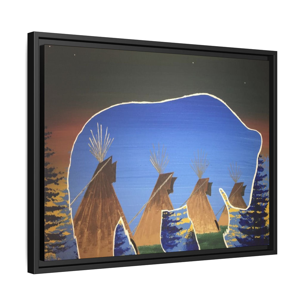 Framed Canvas Print — Native Teepees & Bear Silhouette Wall Art - Art by Seepengoose: The Plug Clothing Company